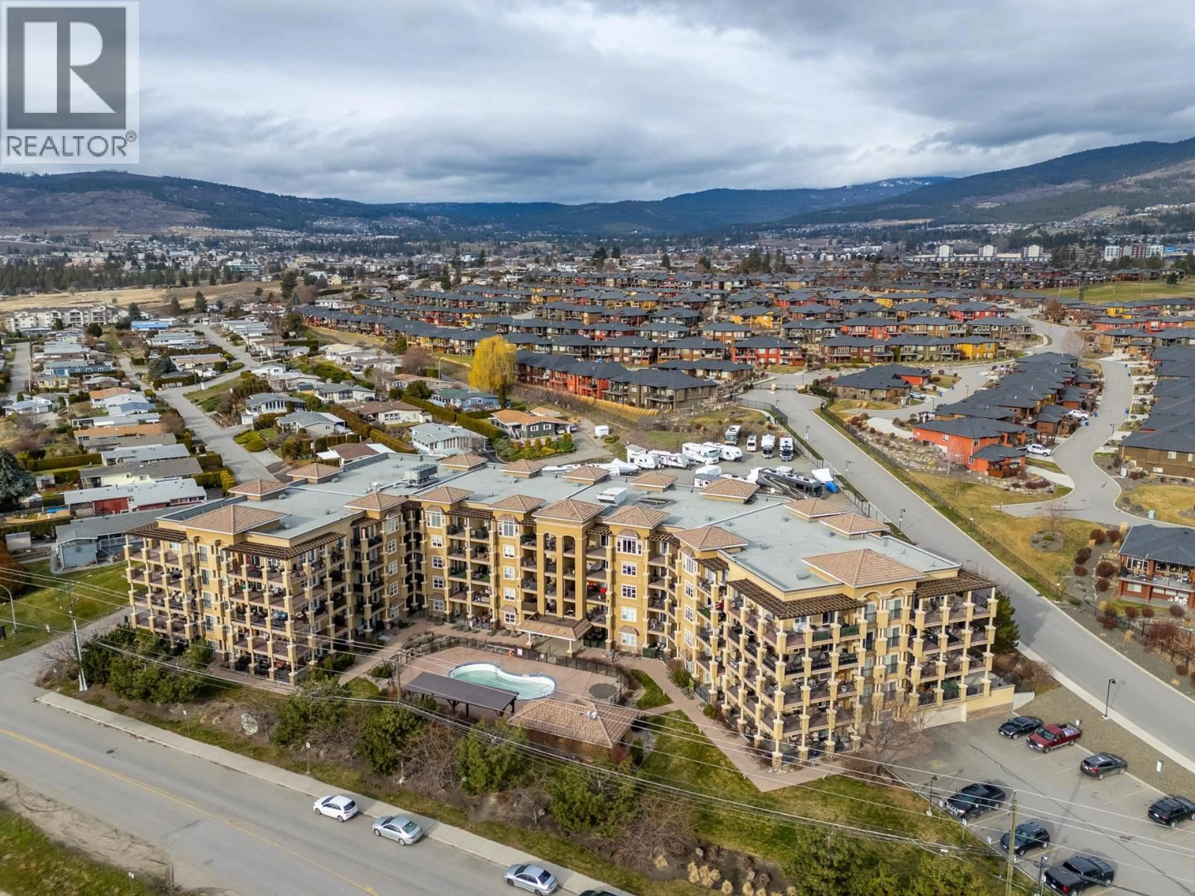 A pic from outside/outdoor area/front of a property/back of a property/a pic from drone, mountain view for 417 - 2070 BOUCHERIE ROAD, West Kelowna British Columbia V4T3K9