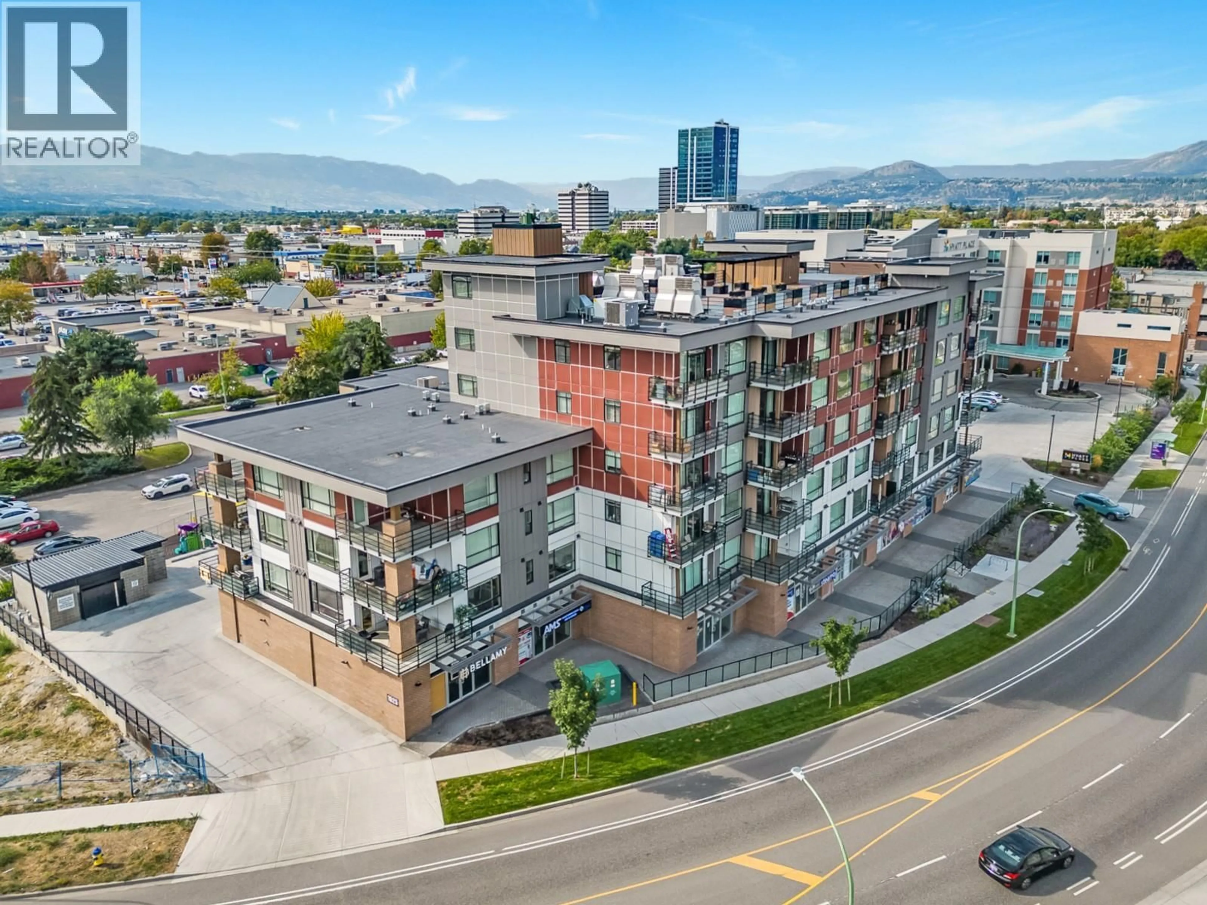 A pic from outside/outdoor area/front of a property/back of a property/a pic from drone, city buildings view from balcony for 402 - 1925 ENTERPRISE WAY, Kelowna British Columbia V1Y0J8