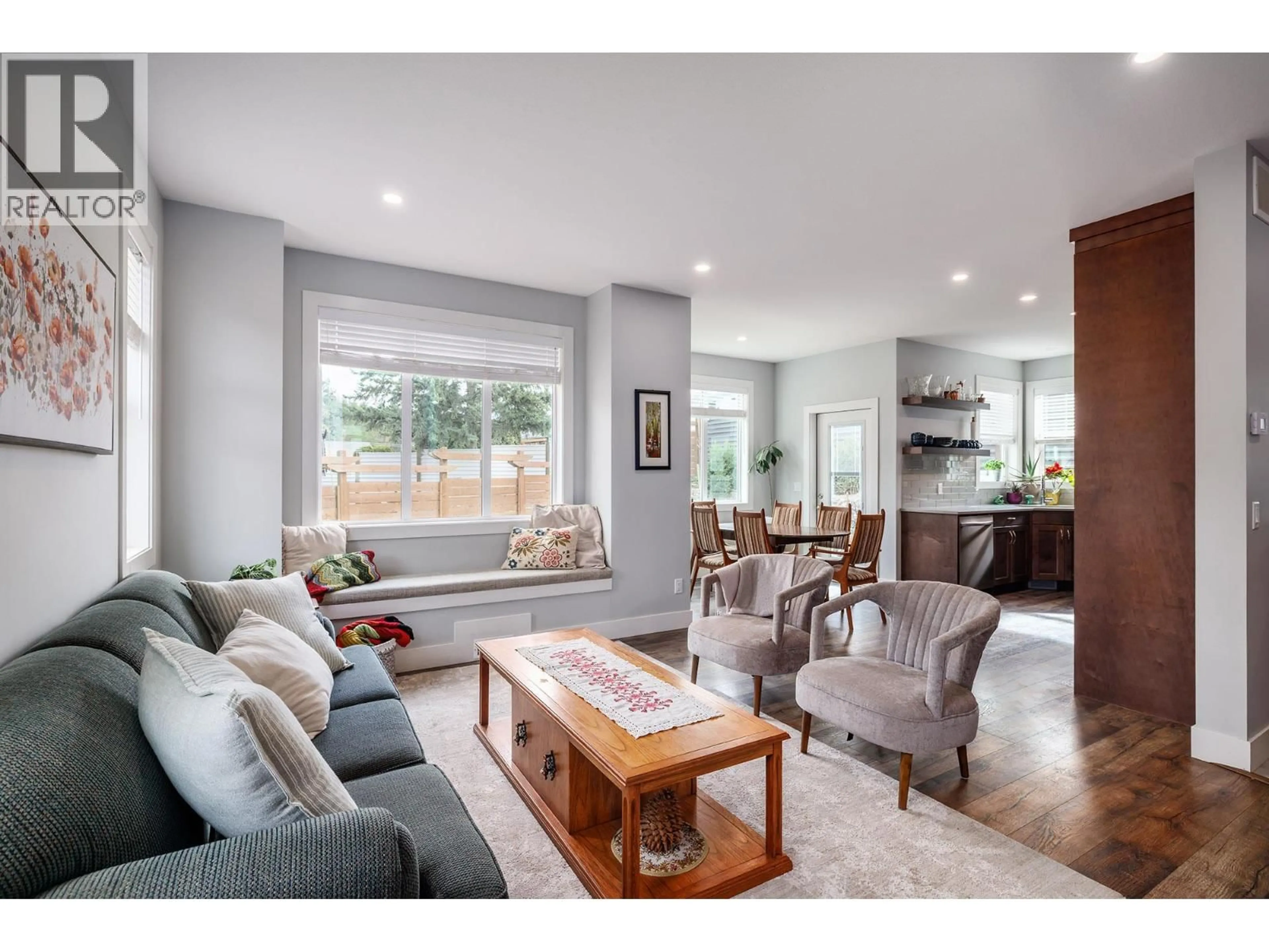 Living room with furniture, wood/laminate floor for 1259 RIO DRIVE, Kelowna British Columbia V1V1E2