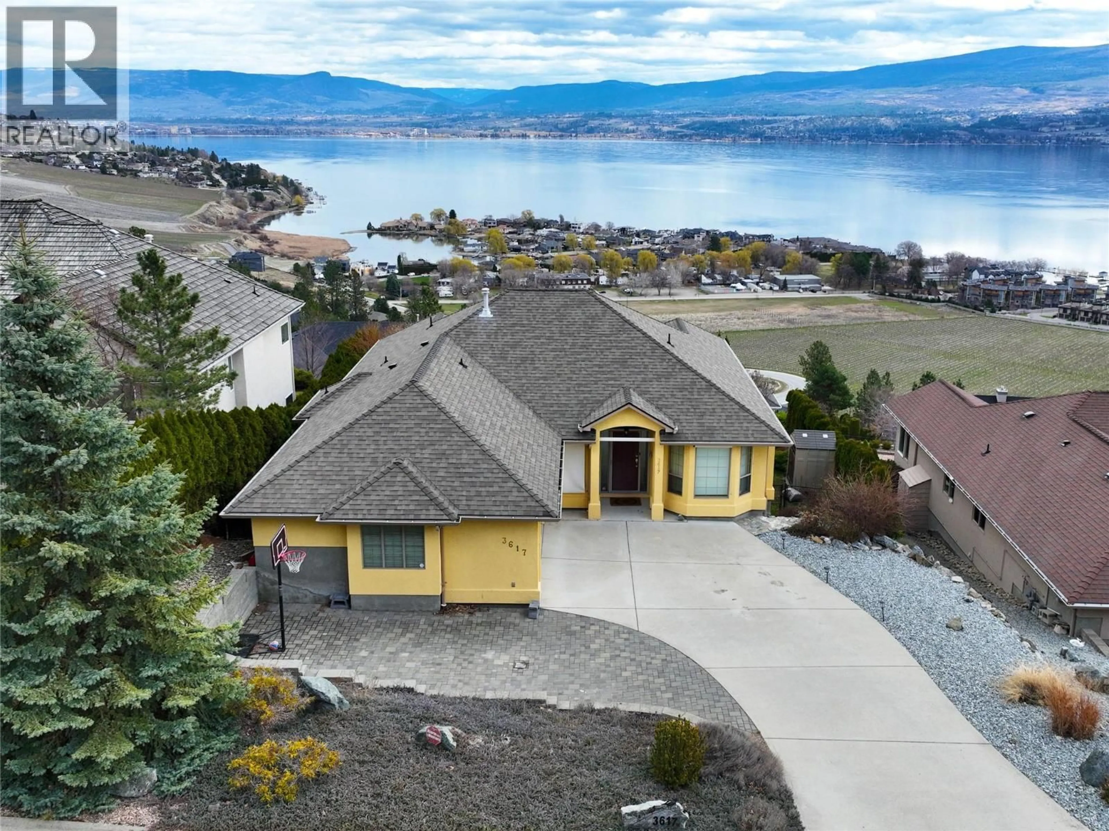 A pic from outside/outdoor area/front of a property/back of a property/a pic from drone, water/lake/river/ocean view for 3617 GALA VIEW DRIVE, West Kelowna British Columbia V4T2M3