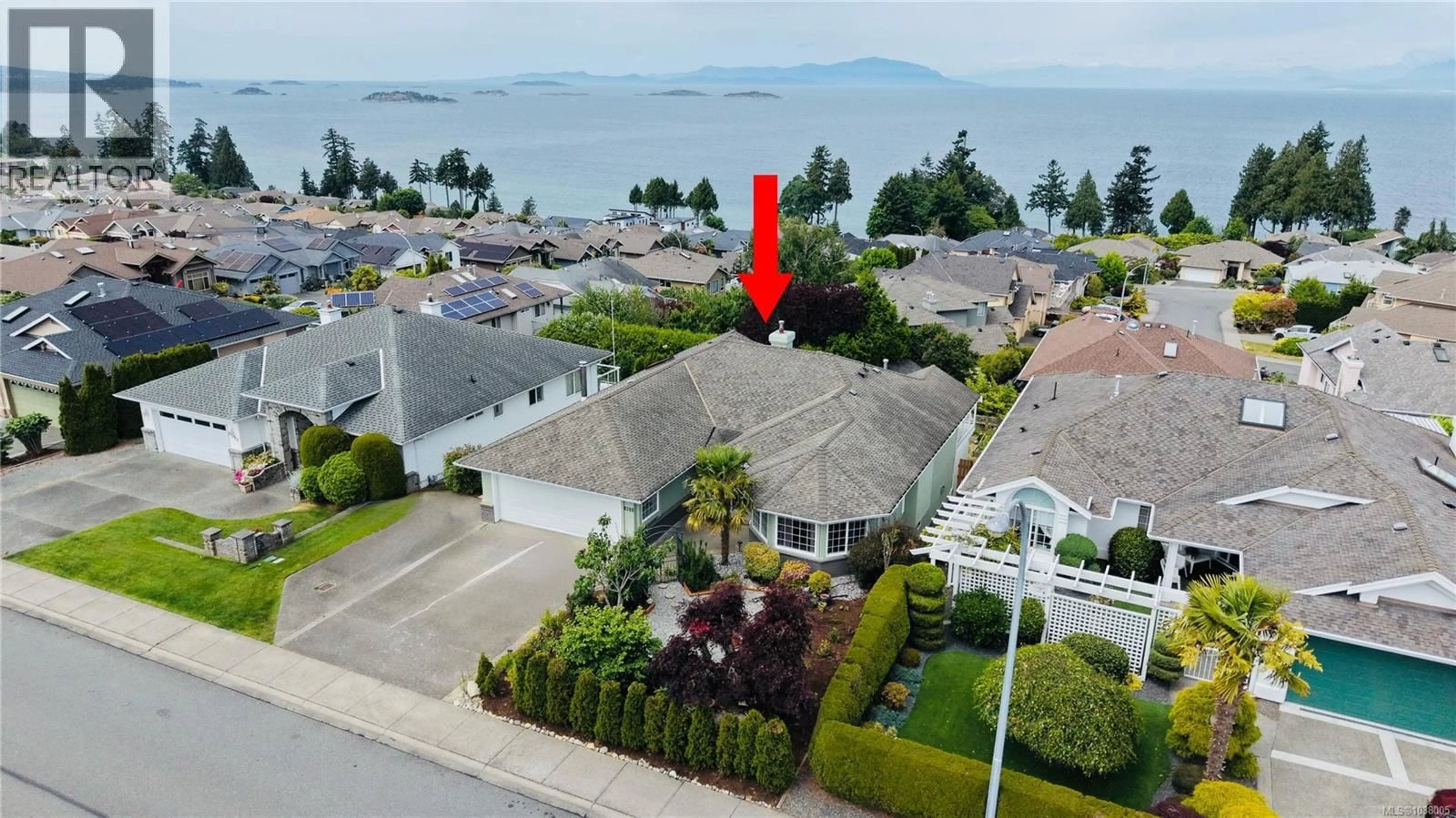 A pic from outside/outdoor area/front of a property/back of a property/a pic from drone, water/lake/river/ocean view for 6386 GROVELAND DRIVE, Nanaimo British Columbia V9V1P5