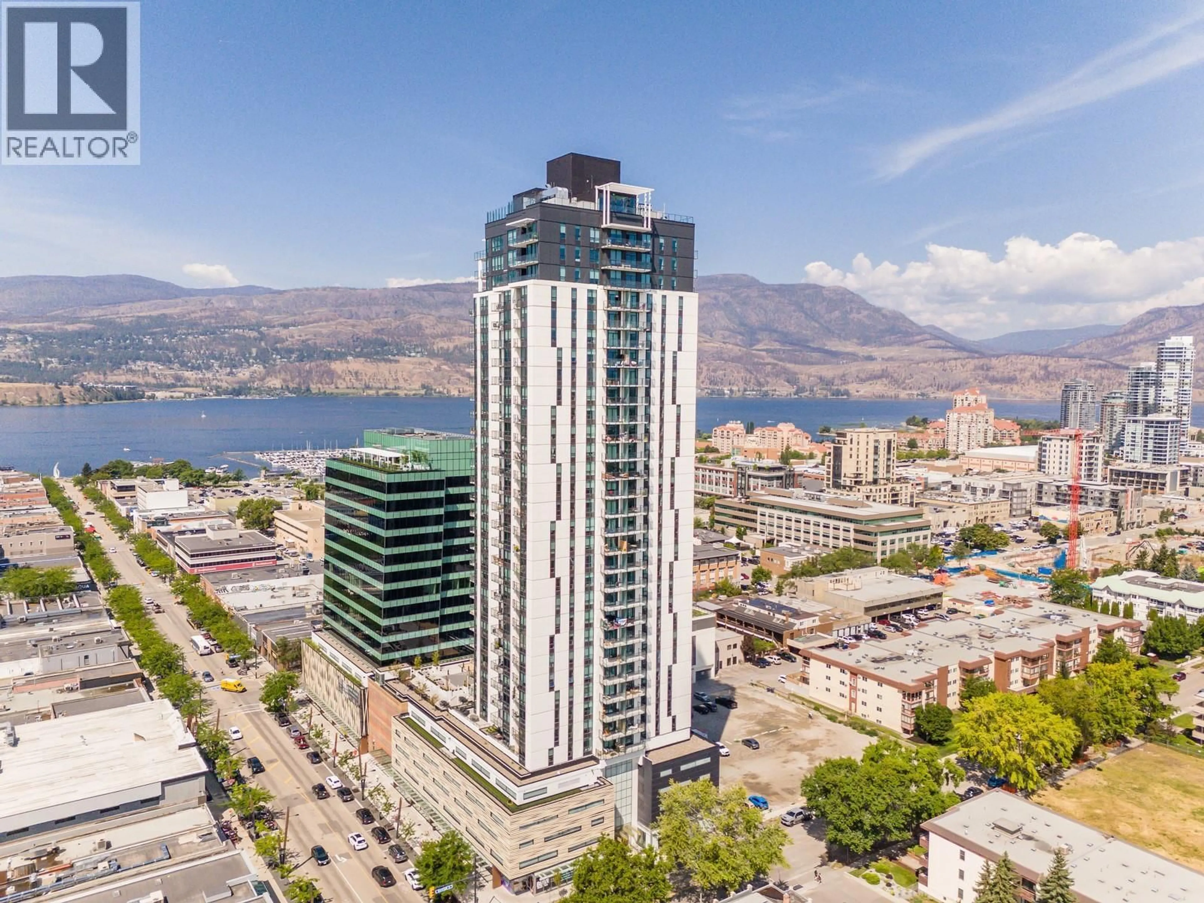 A pic from outside/outdoor area/front of a property/back of a property/a pic from drone, city buildings view from balcony for 2502 - 1488 BERTRAM STREET, Kelowna British Columbia V1Y0M6