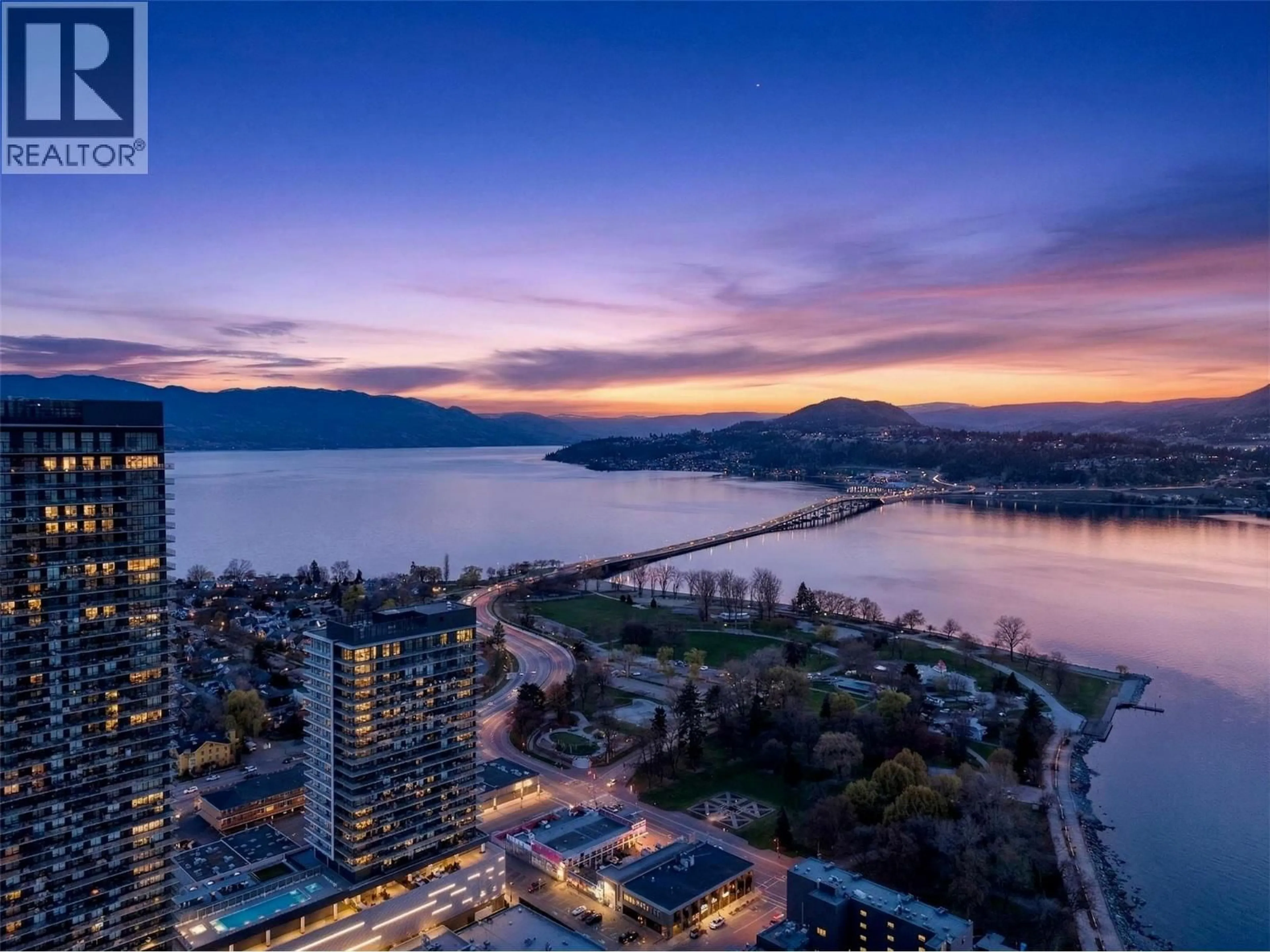 A pic from outside/outdoor area/front of a property/back of a property/a pic from drone, water/lake/river/ocean view for 1308 - 238 LEON AVENUE, Kelowna British Columbia V1Y0N6
