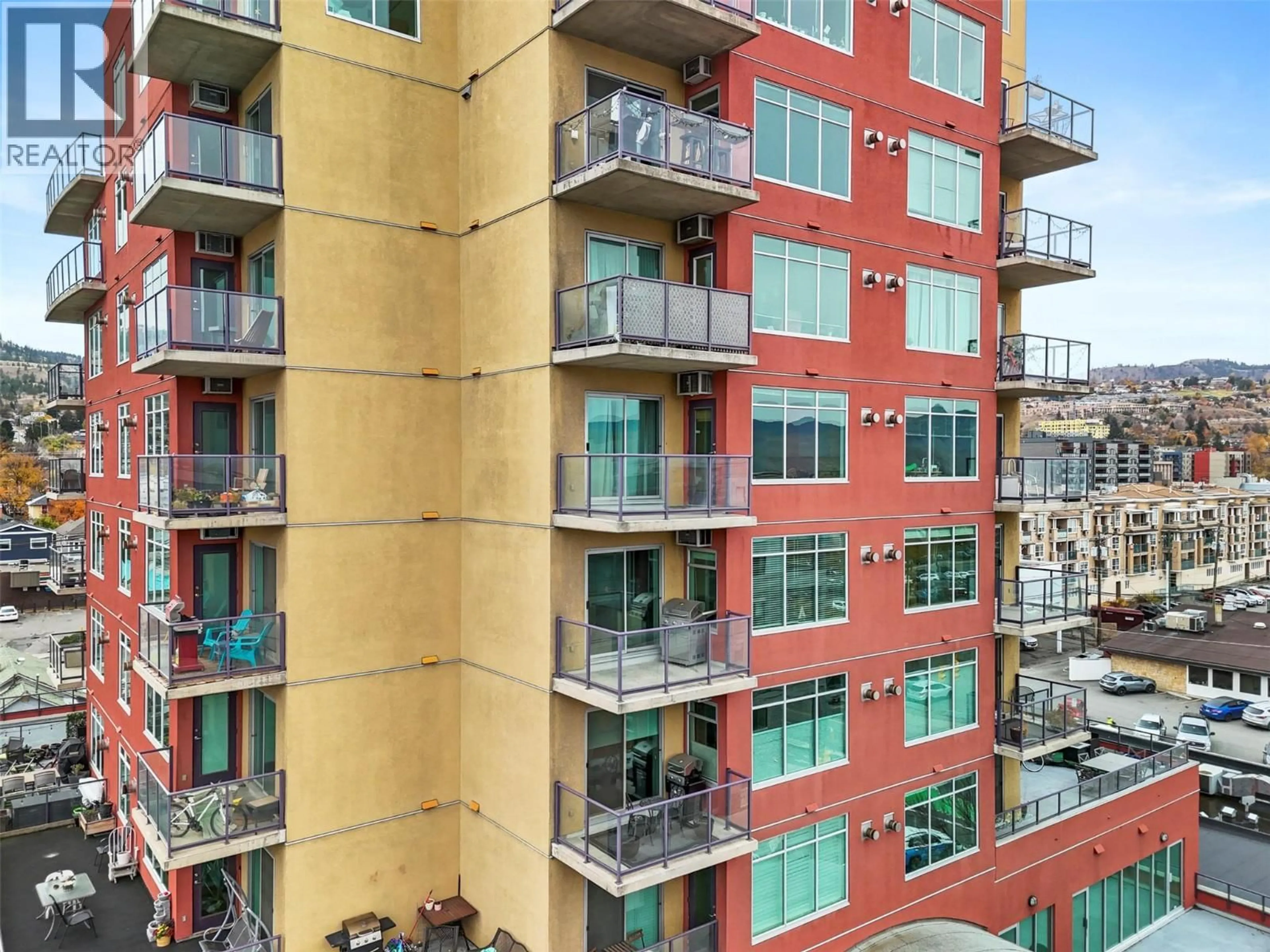 Balcony in the apartment, city buildings view from balcony for 702 - 619 VICTORIA STREET, Kamloops British Columbia V2C6W7