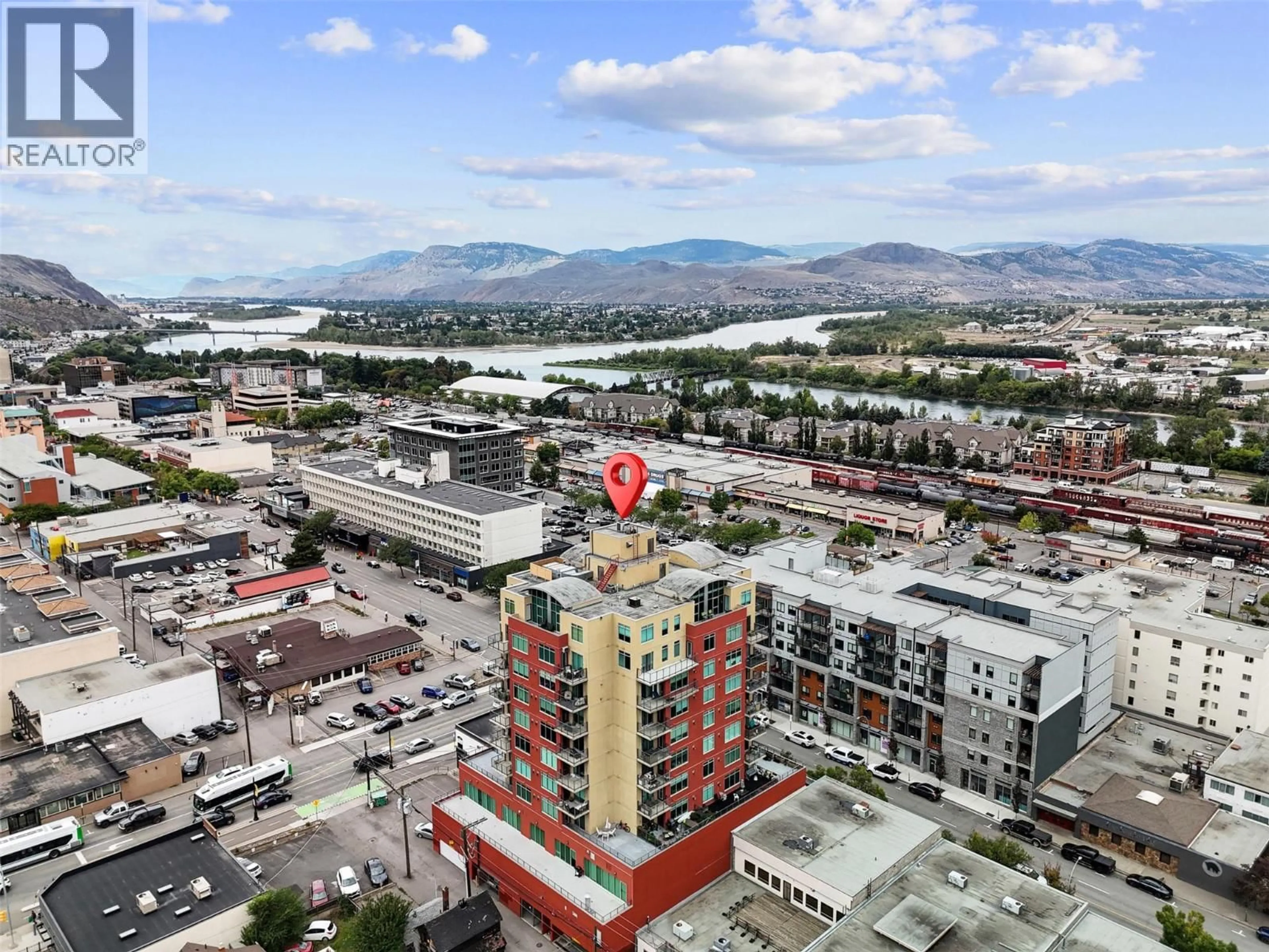 A pic from outside/outdoor area/front of a property/back of a property/a pic from drone, city buildings view from balcony for 702 - 619 VICTORIA STREET, Kamloops British Columbia V2C6W7