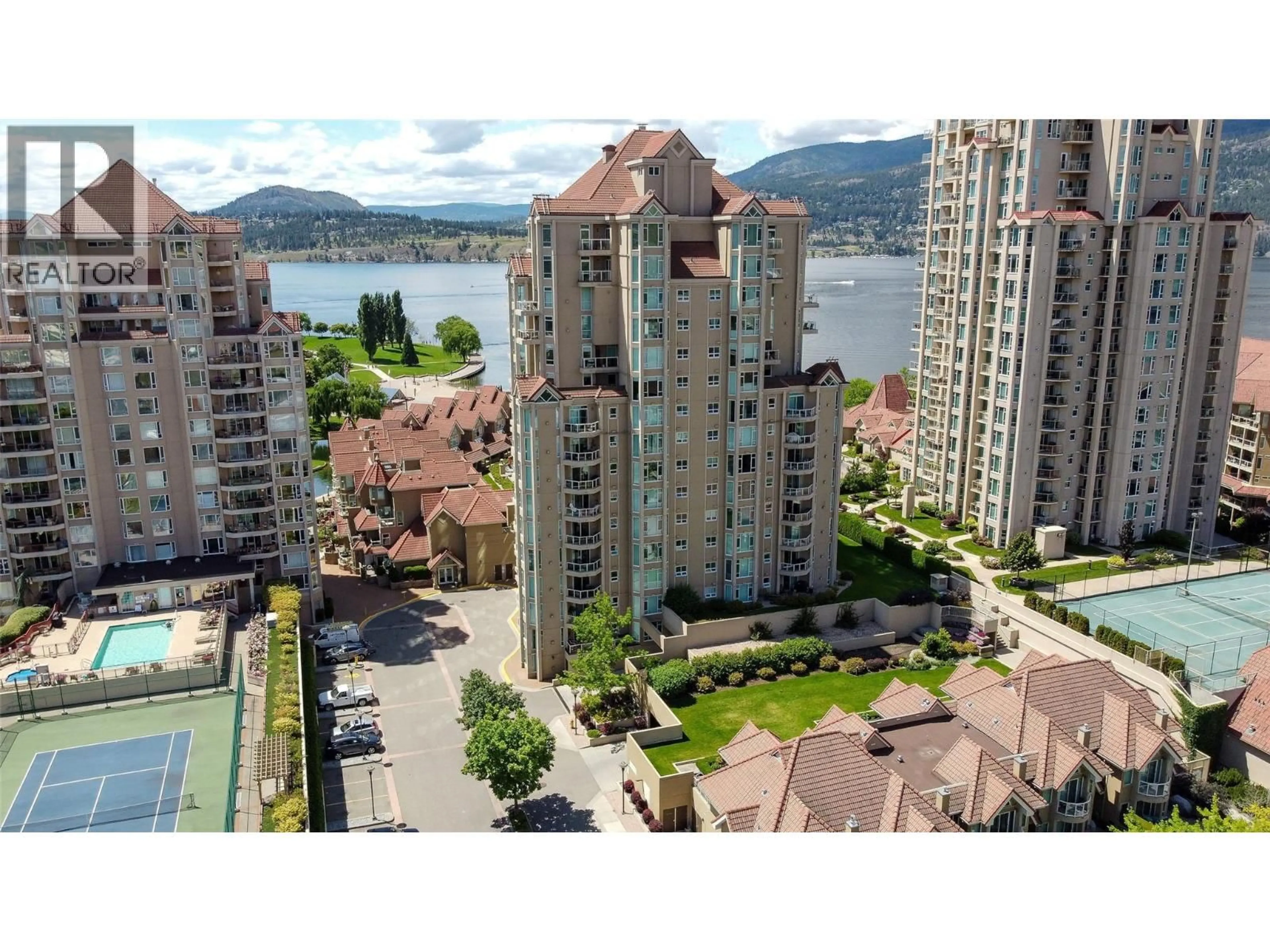 A pic from outside/outdoor area/front of a property/back of a property/a pic from drone, city buildings view from balcony for 405 - 1152 SUNSET DRIVE, Kelowna British Columbia V1Y9R7