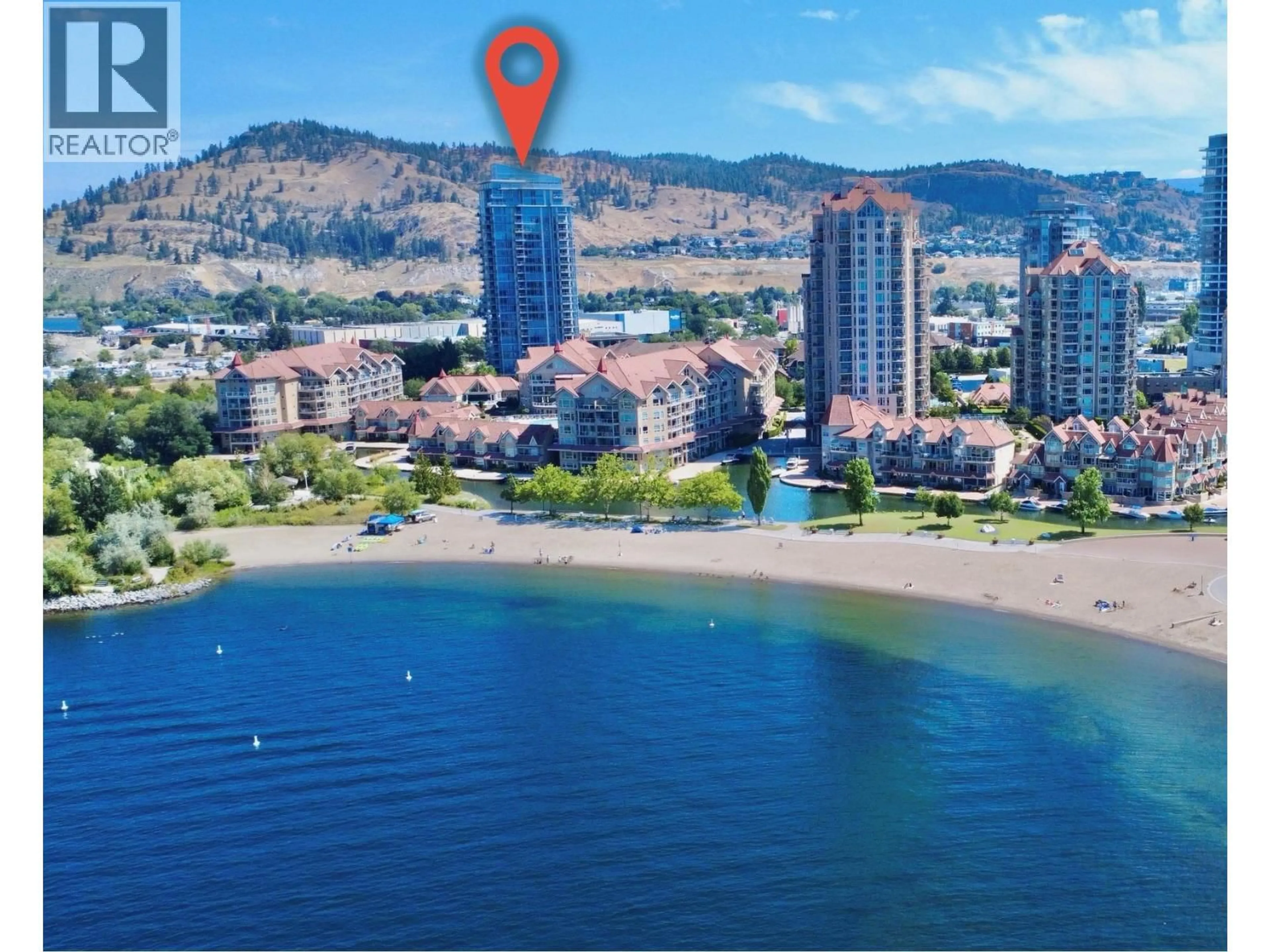 A pic from outside/outdoor area/front of a property/back of a property/a pic from drone, water/lake/river/ocean view for 906 - 1075 SUNSET DRIVE, Kelowna British Columbia V1Y9Y9