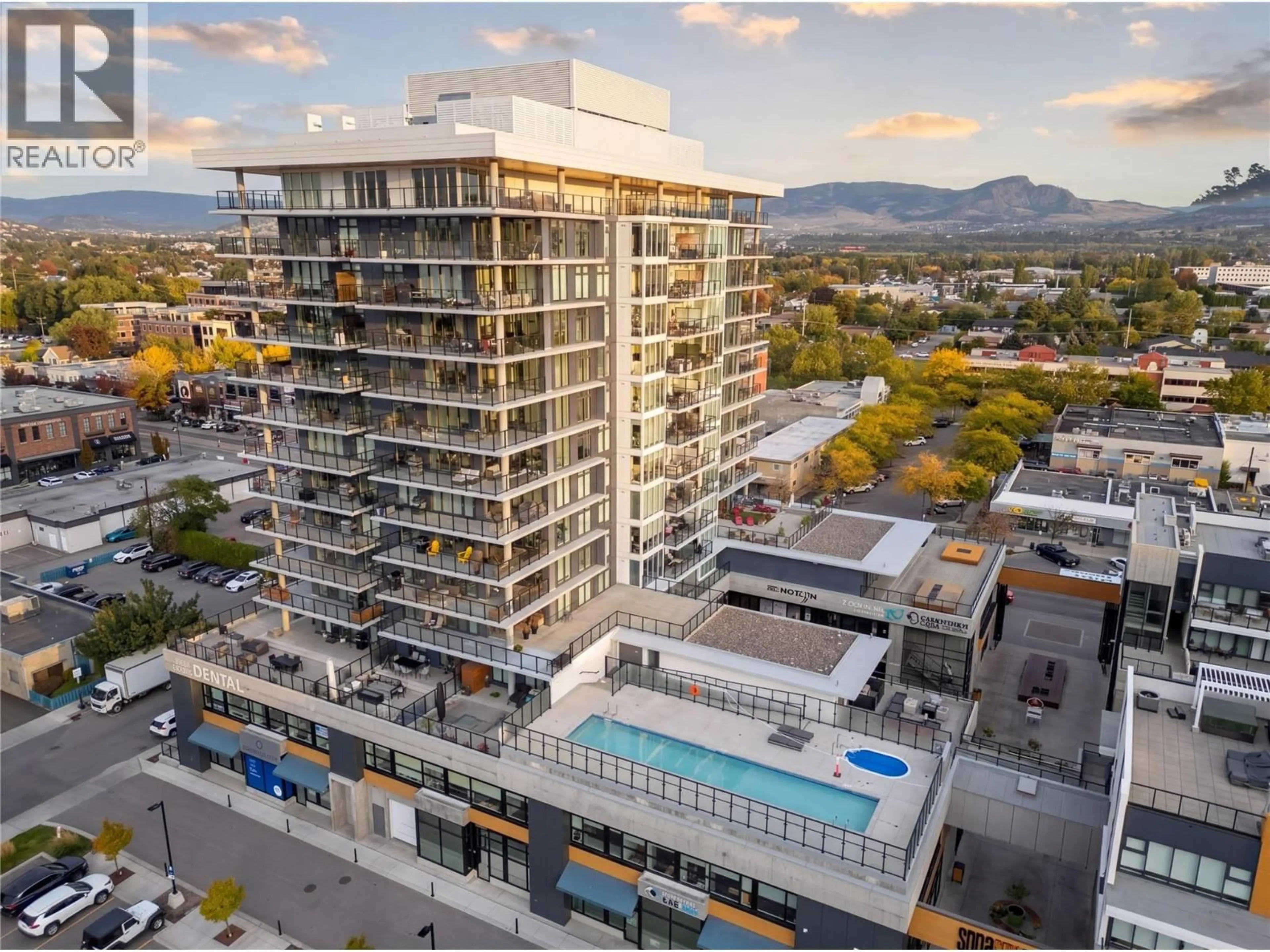A pic from outside/outdoor area/front of a property/back of a property/a pic from drone, city buildings view from balcony for 704 - 485 GROVES AVENUE, Kelowna British Columbia V1Y0C1