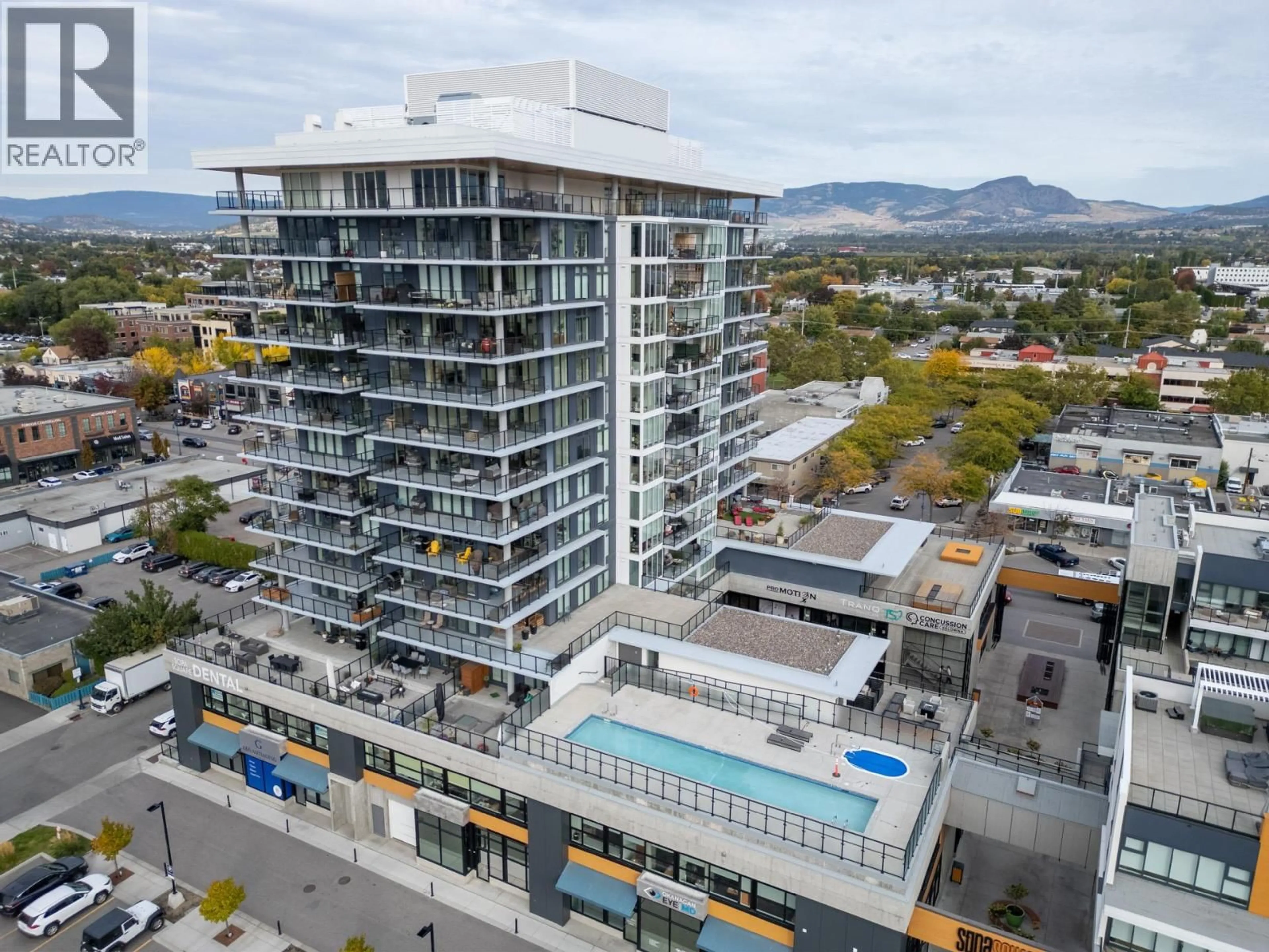 A pic from outside/outdoor area/front of a property/back of a property/a pic from drone, city buildings view from balcony for 704 - 485 GROVES AVENUE, Kelowna British Columbia V1Y0C1