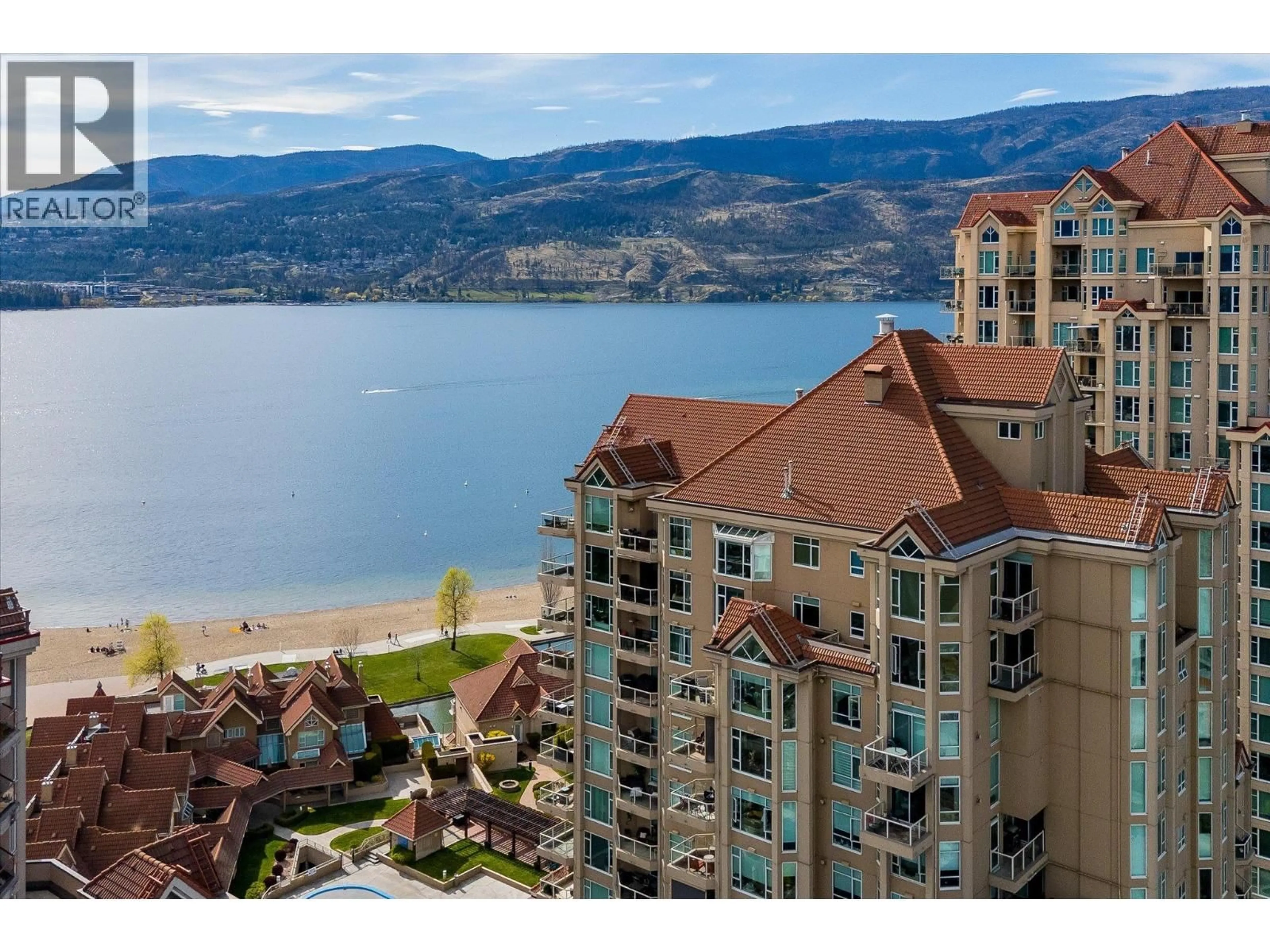A pic from outside/outdoor area/front of a property/back of a property/a pic from drone, water/lake/river/ocean view for 1601 - 1152 SUNSET DRIVE, Kelowna British Columbia V1Y9R7