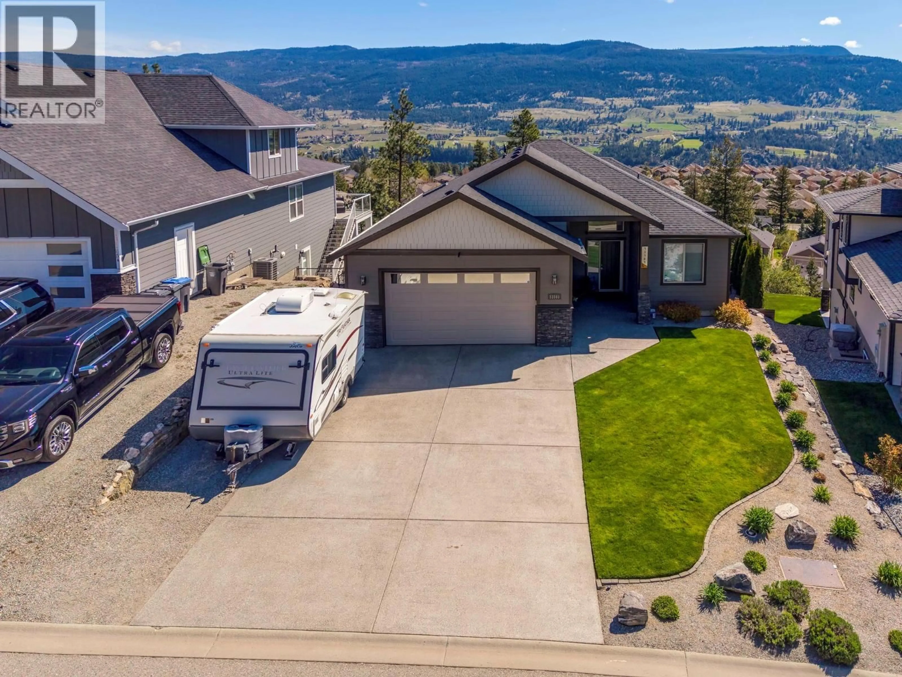 A pic from outside/outdoor area/front of a property/back of a property/a pic from drone, mountain view for 13181 APEX CRESCENT, Lake Country British Columbia V4V2W1