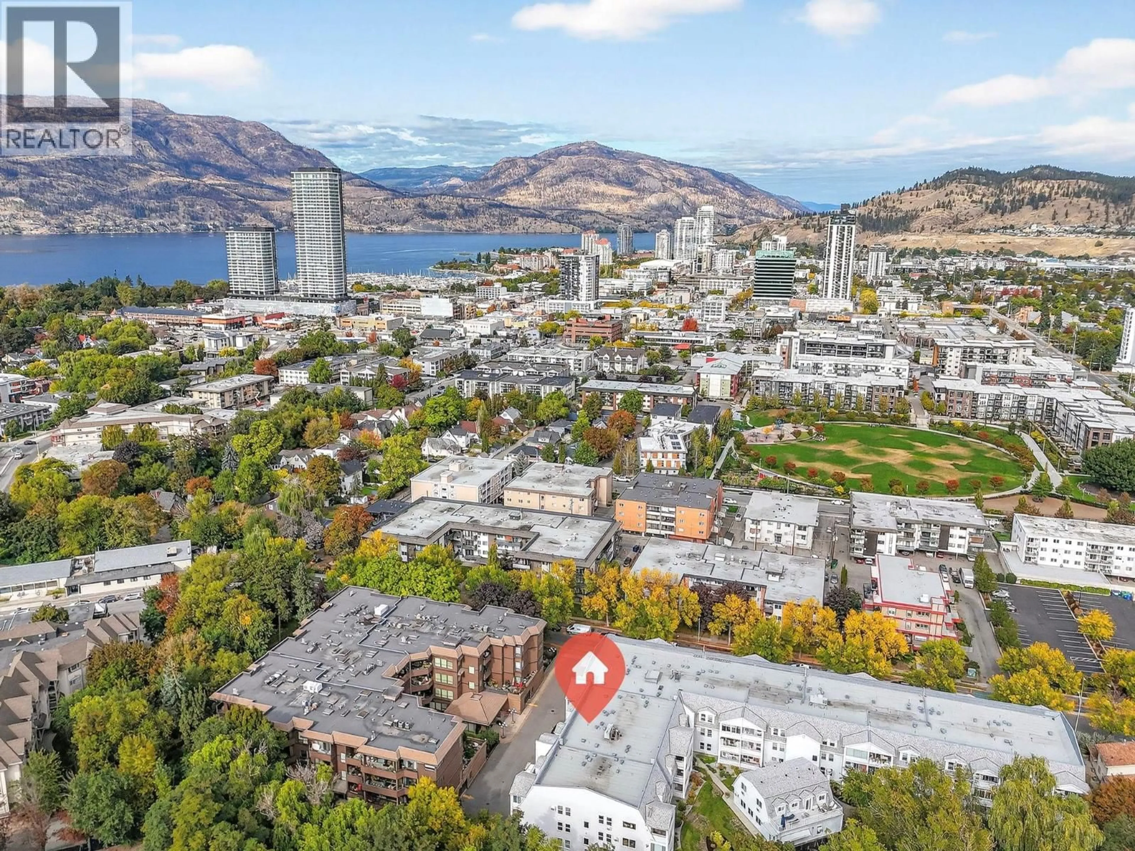 A pic from outside/outdoor area/front of a property/back of a property/a pic from drone, mountain view for 207 - 575 SUTHERLAND AVENUE, Kelowna British Columbia V1Y8V1