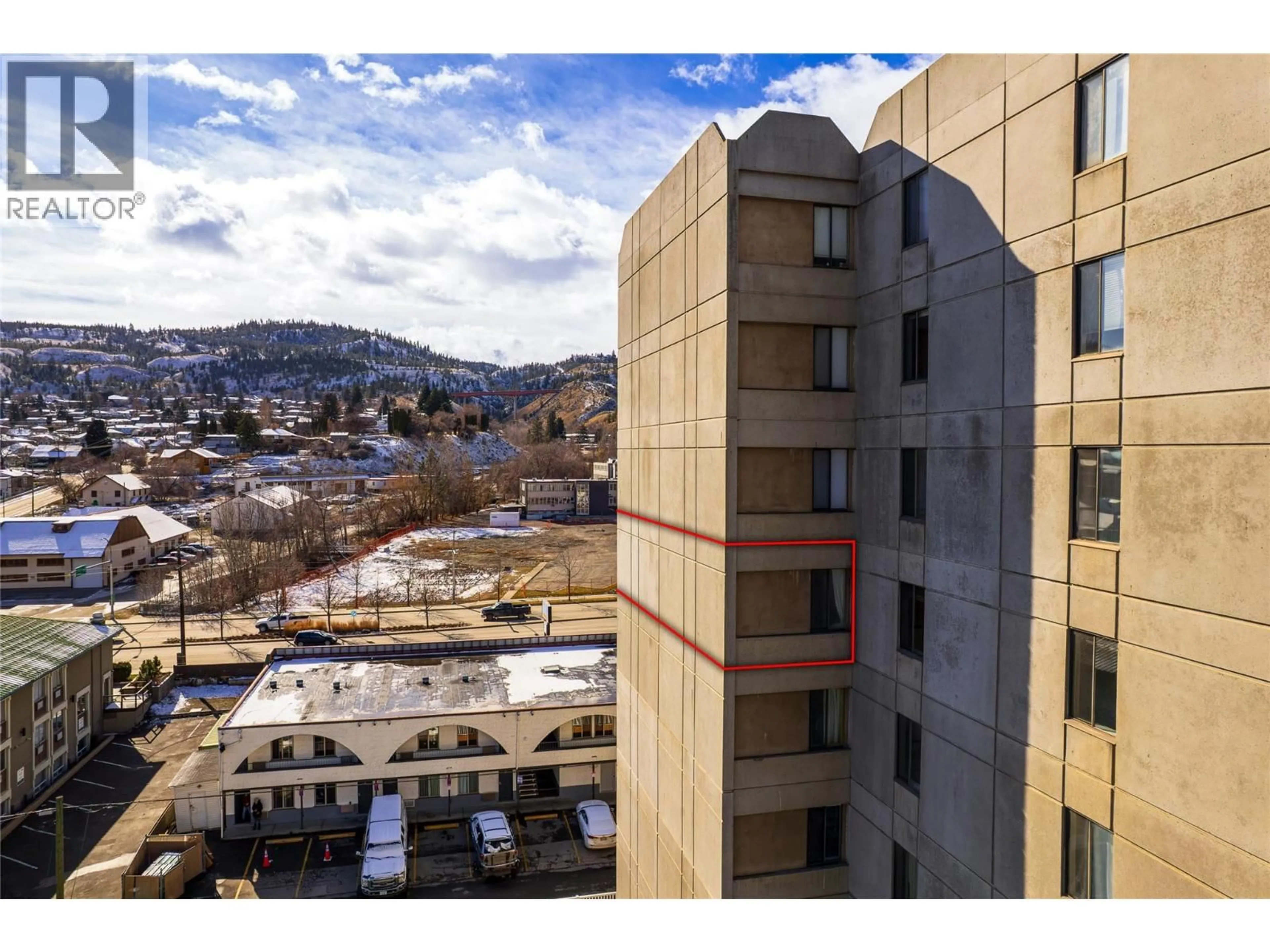 A pic from outside/outdoor area/front of a property/back of a property/a pic from drone, city buildings view from balcony for 703 - 525 NICOLA STREET, Kamloops British Columbia V2C6J5