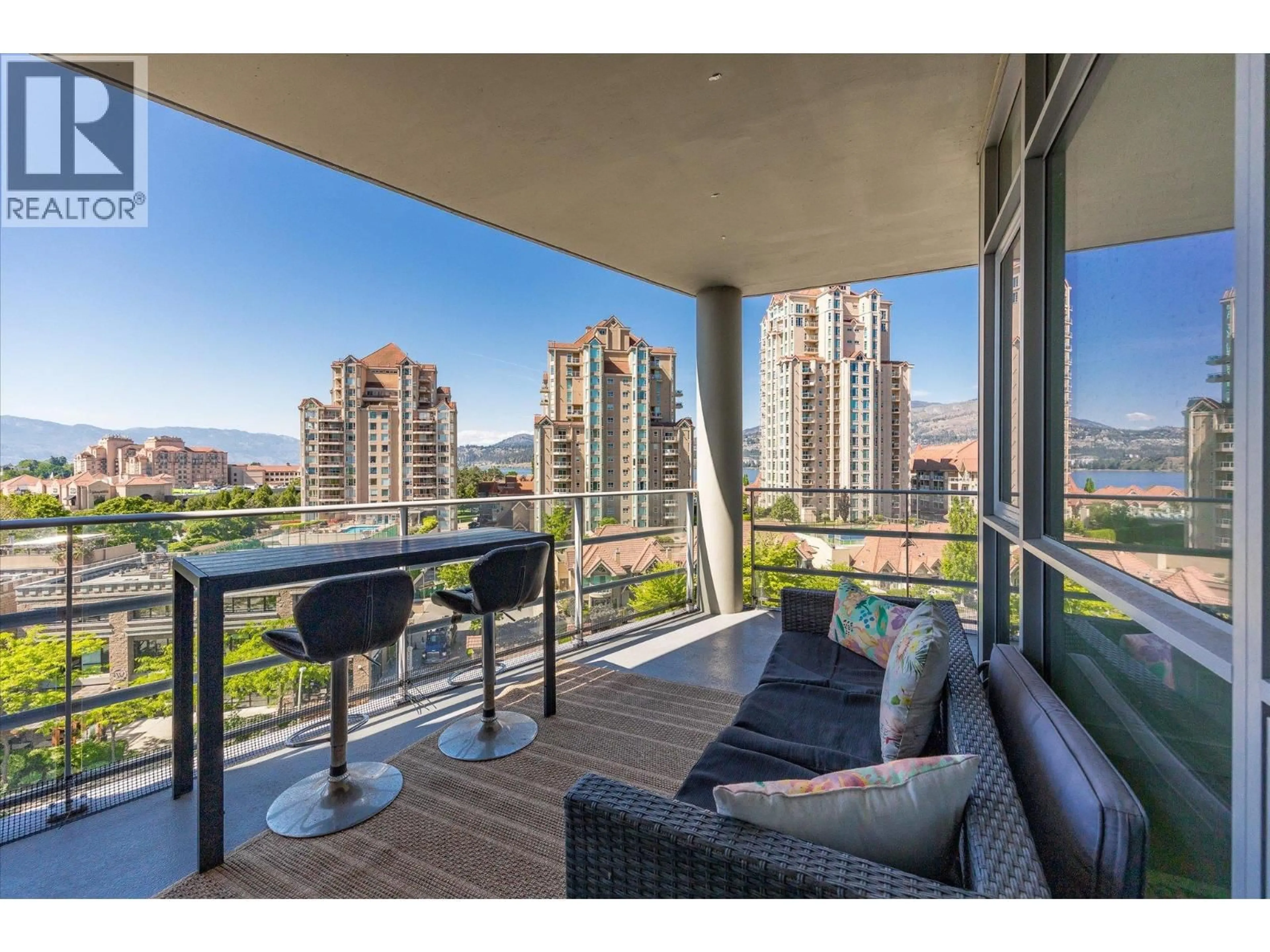 Balcony in the apartment, city buildings view from balcony for 601 - 1151 SUNSET DRIVE, Kelowna British Columbia V1Y0G2