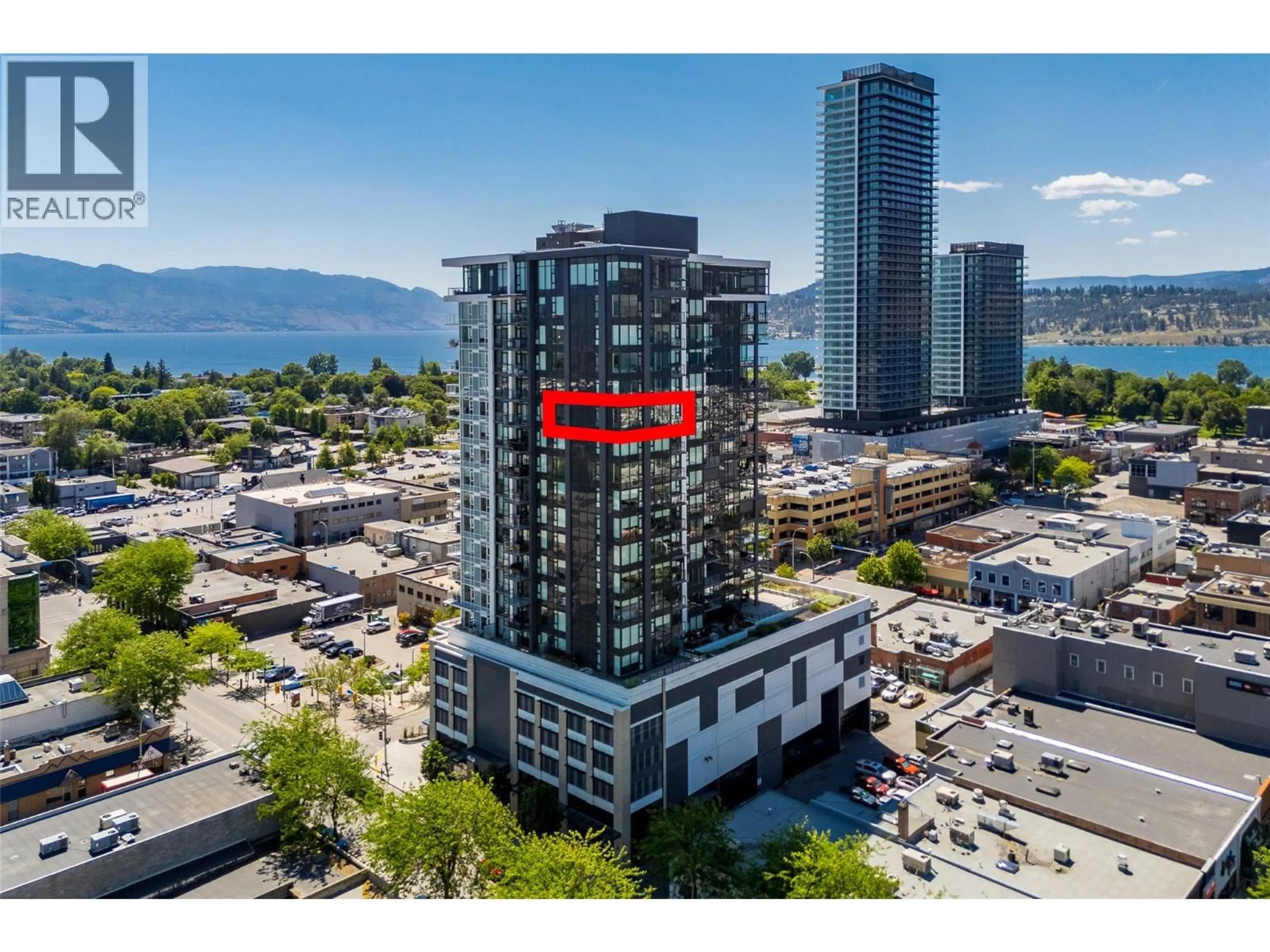A pic from outside/outdoor area/front of a property/back of a property/a pic from drone, water/lake/river/ocean view for 1602 - 1588 ELLIS STREET, Kelowna British Columbia V1Y0H1
