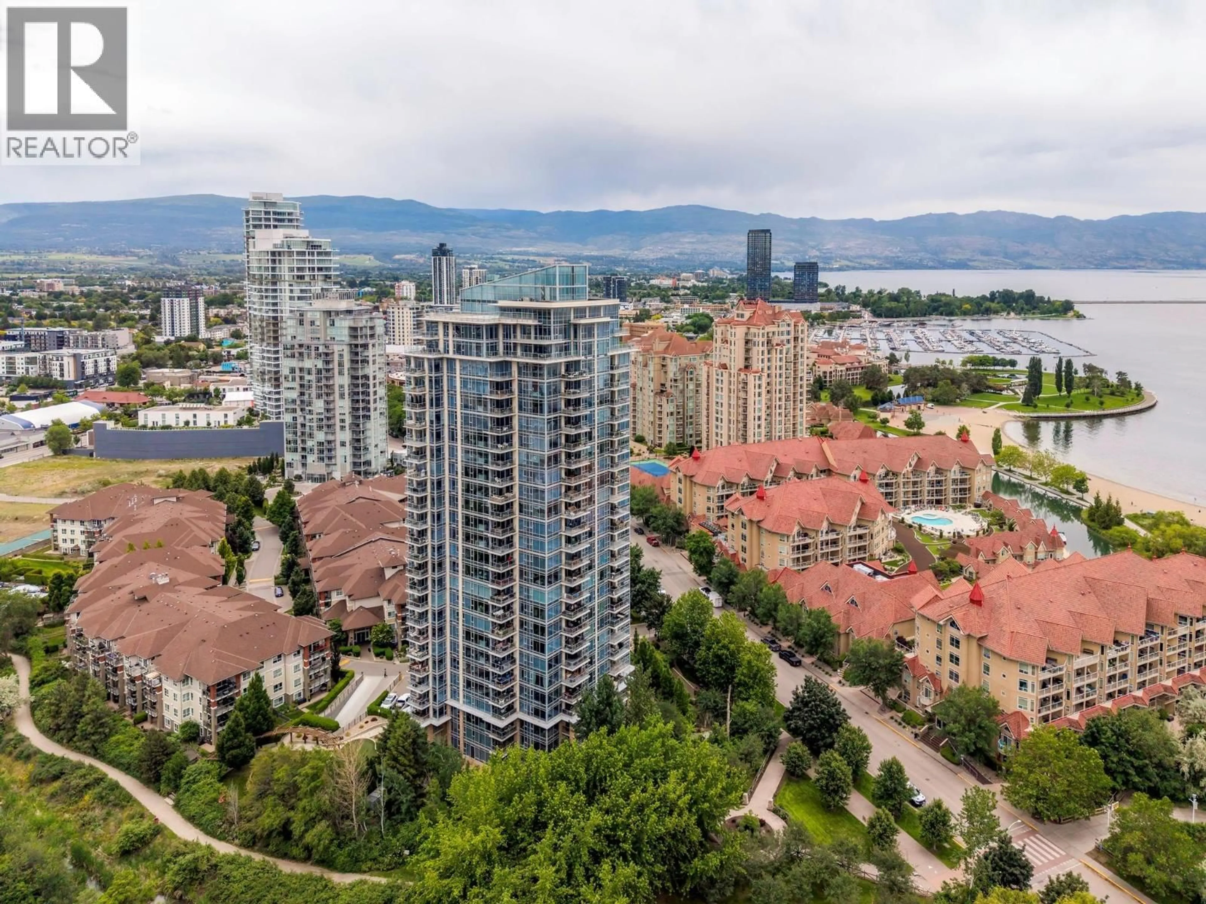 A pic from outside/outdoor area/front of a property/back of a property/a pic from drone, city buildings view from balcony for 2603 - 1075 SUNSET DRIVE, Kelowna British Columbia V1Y9Y9