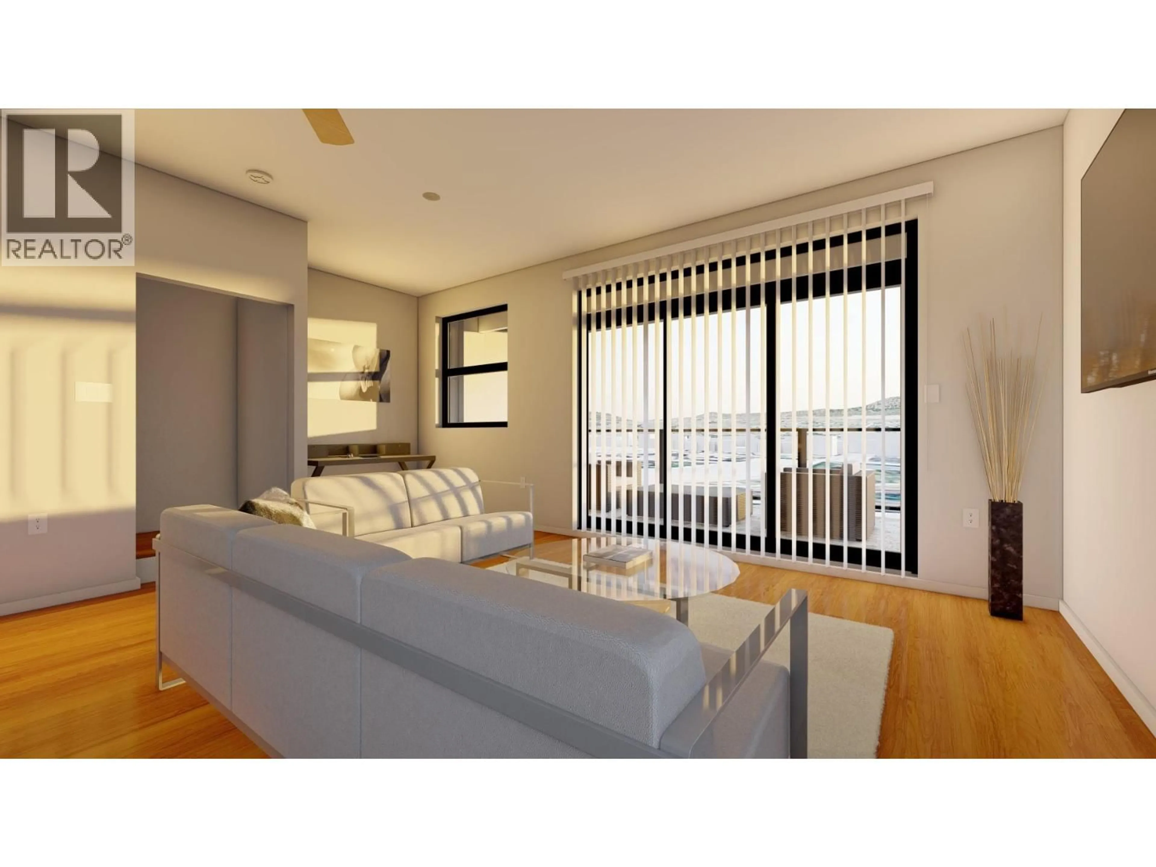 Living room with furniture, wood/laminate floor for 104 - 463 WADE AVENUE, Penticton British Columbia V2A1T1