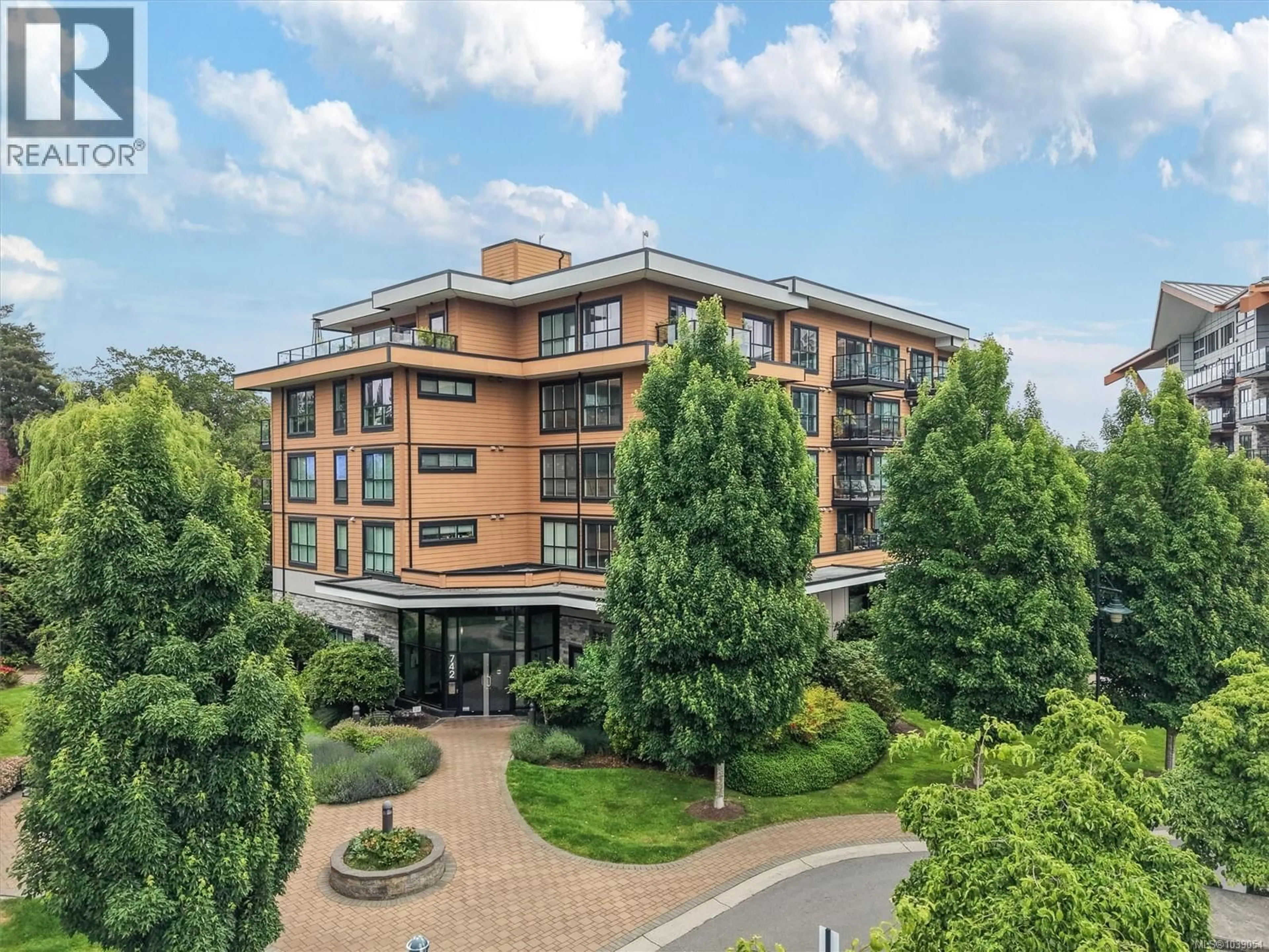 A pic from outside/outdoor area/front of a property/back of a property/a pic from drone, building for 503 - 742 TRAVINO LANE, Saanich British Columbia V8Z0E2