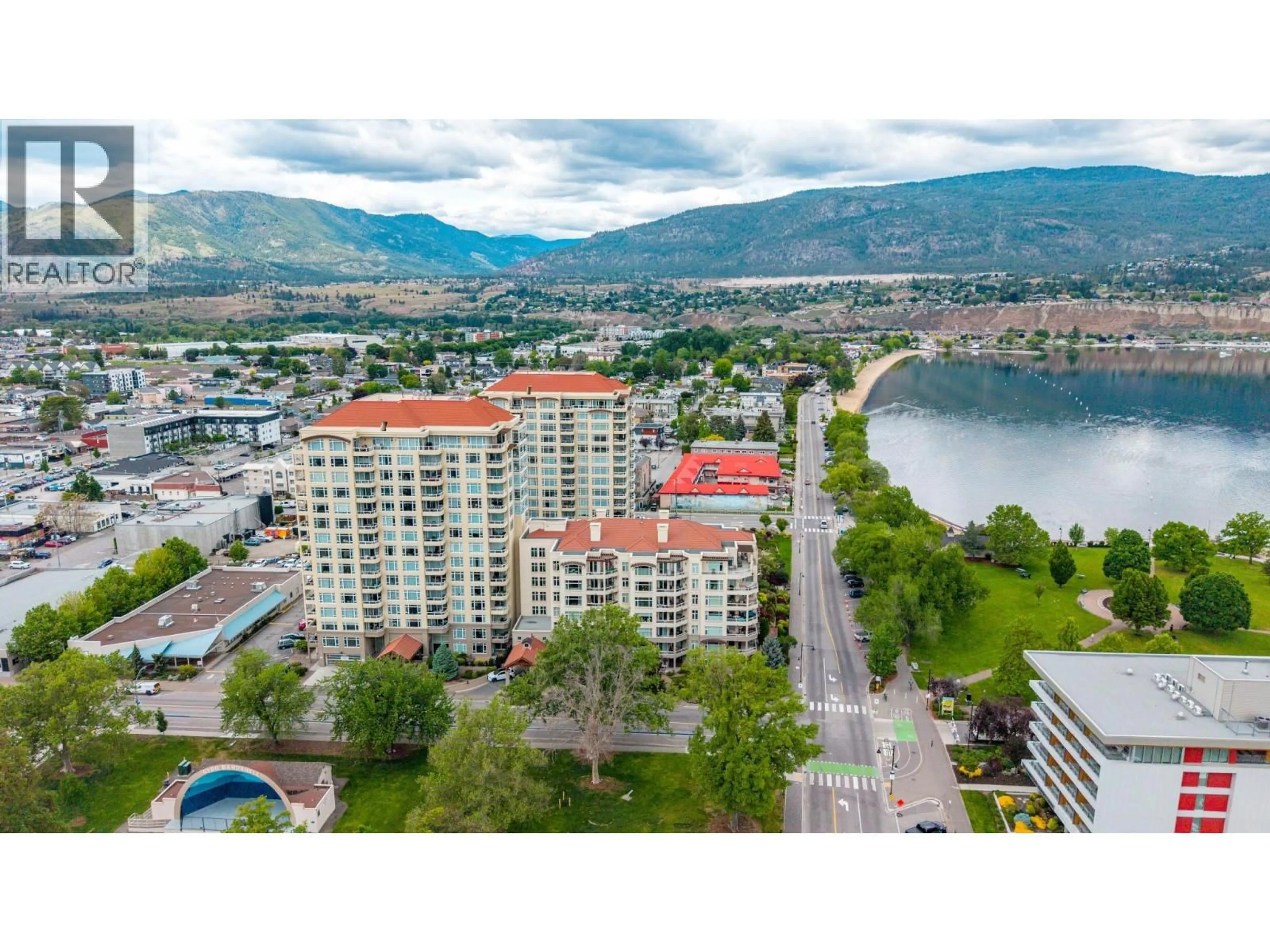 A pic from outside/outdoor area/front of a property/back of a property/a pic from drone, water/lake/river/ocean view for 807 - 75 MARTIN STREET, Penticton British Columbia V2A9C8
