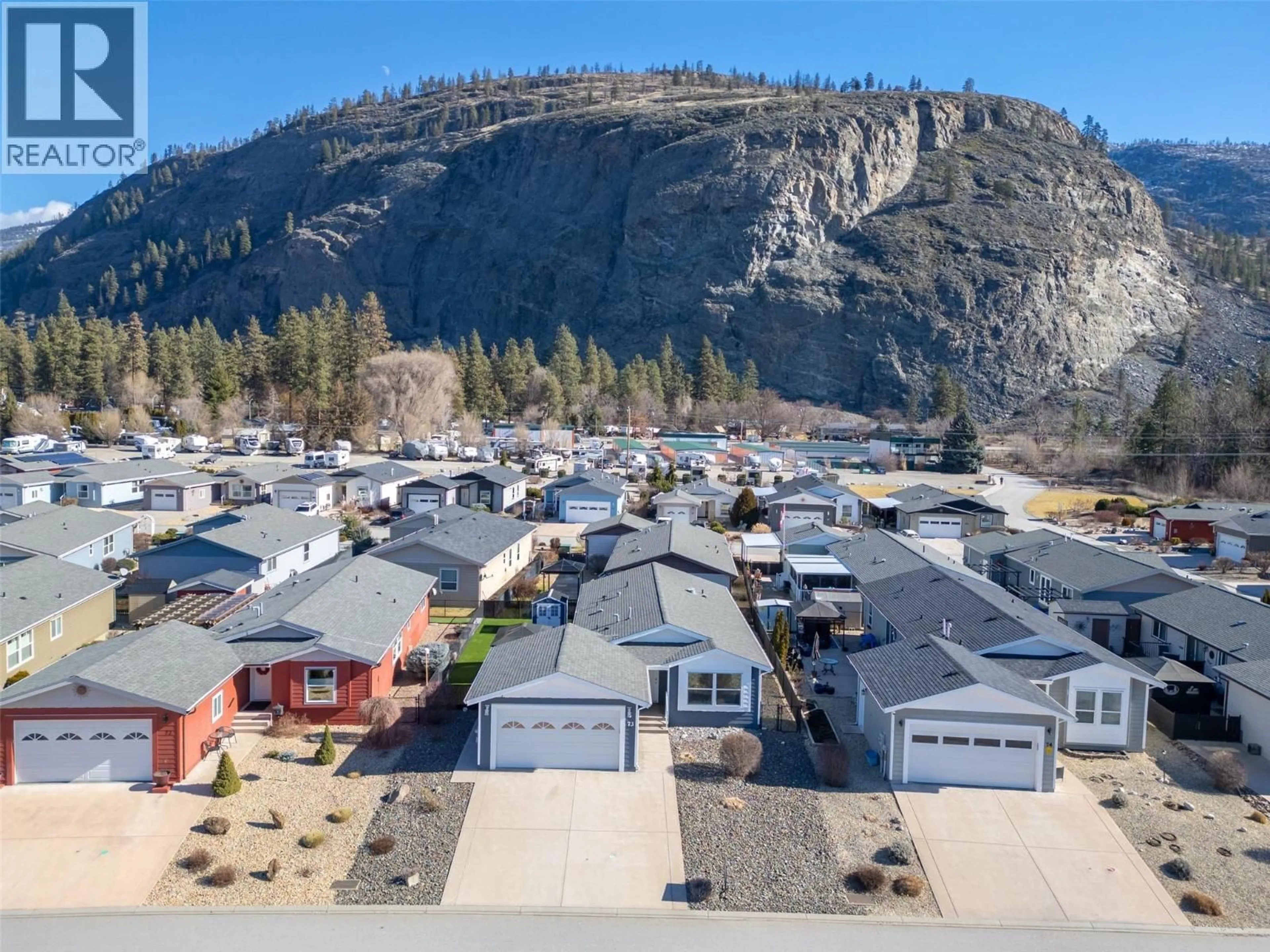 A pic from outside/outdoor area/front of a property/back of a property/a pic from drone, mountain view for 73 - 8300 GALLAGHER LAKE FRONTAGE ROAD, Oliver British Columbia V0H1T2
