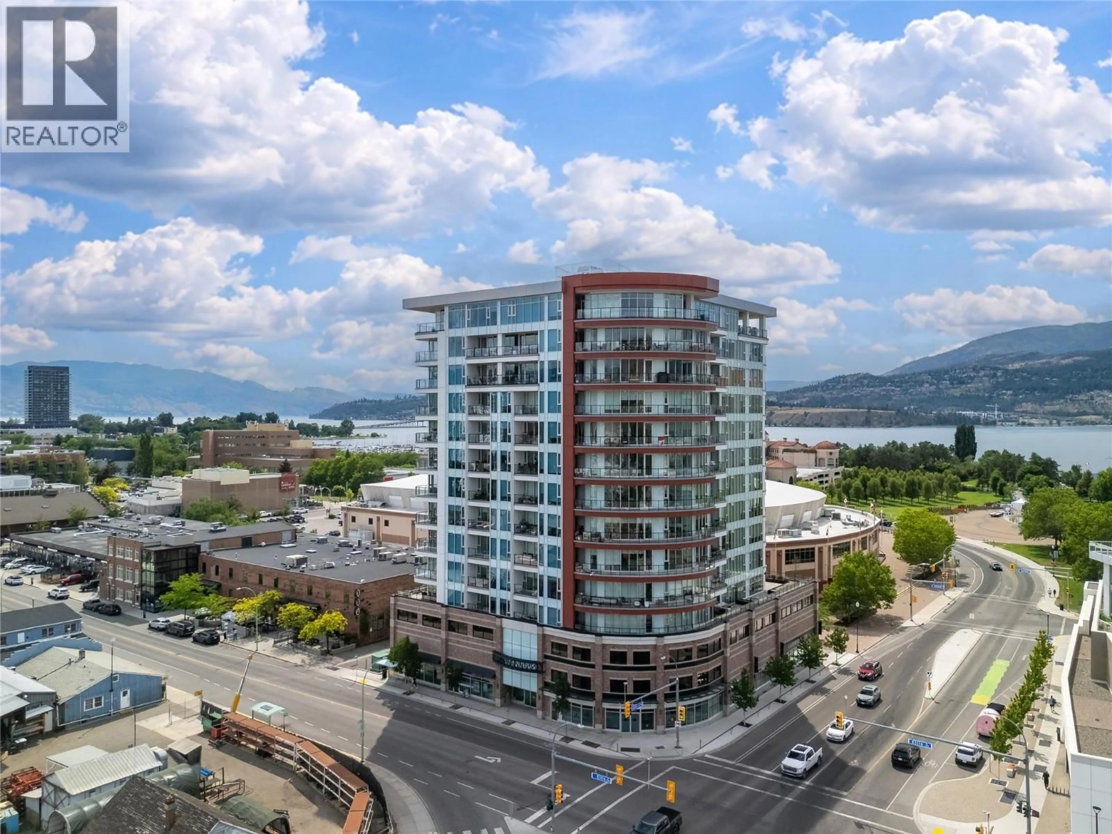 A pic from outside/outdoor area/front of a property/back of a property/a pic from drone, city buildings view from balcony for 506 - 1232 ELLIS STREET, Kelowna British Columbia V1Y0J6