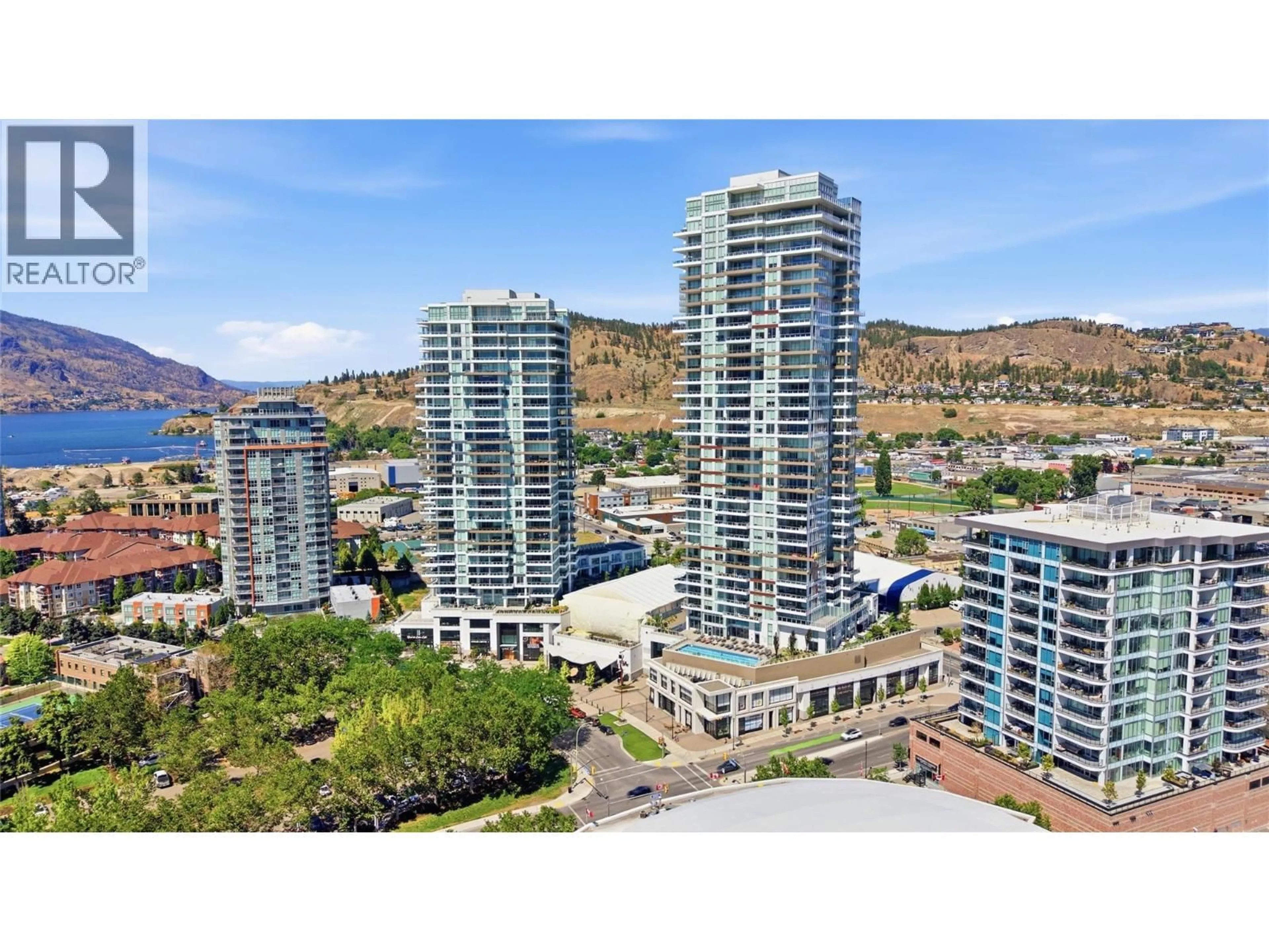 A pic from outside/outdoor area/front of a property/back of a property/a pic from drone, city buildings view from balcony for 1202 - 1181 SUNSET DRIVE, Kelowna British Columbia V1Y0J4