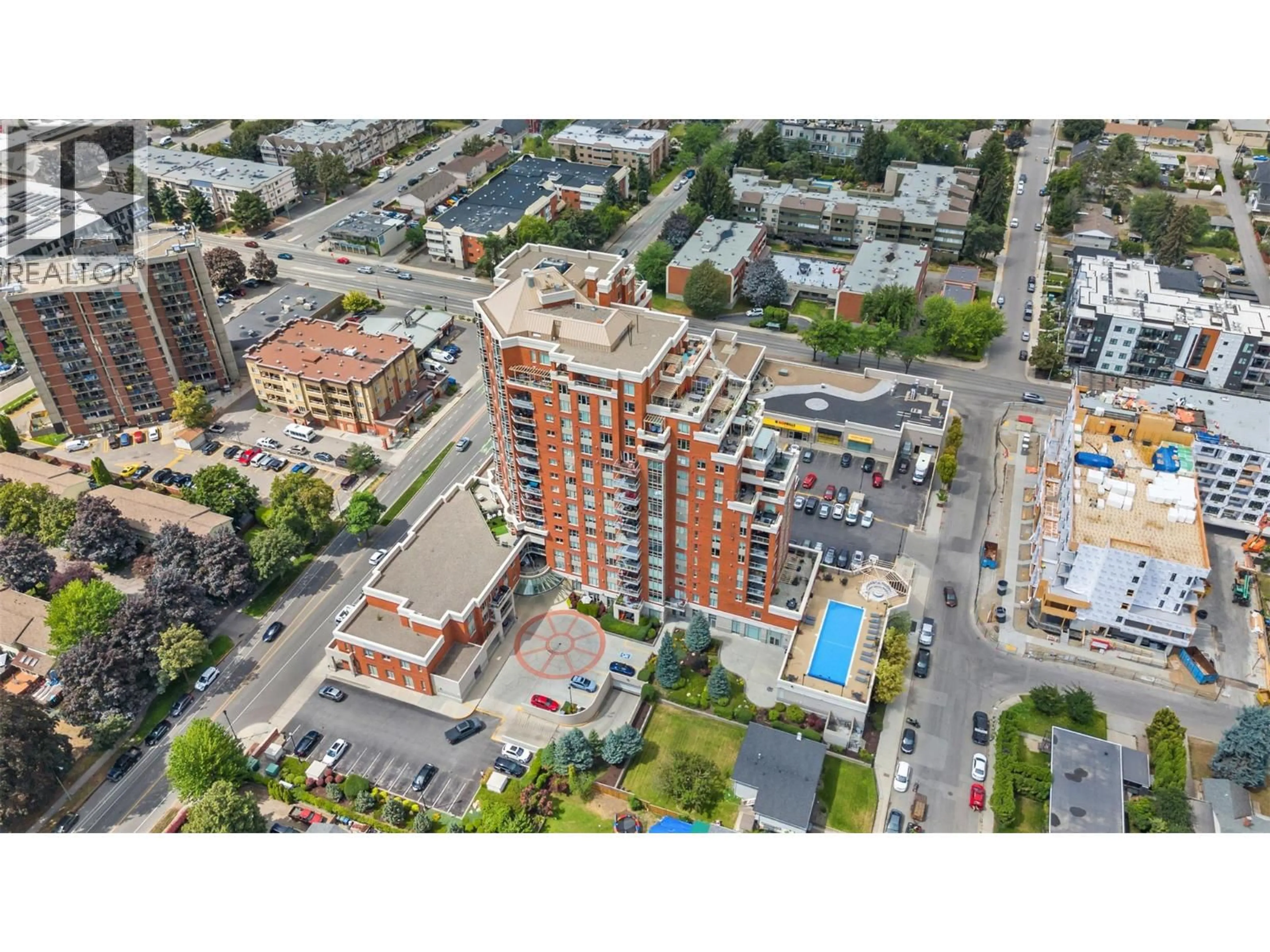 A pic from outside/outdoor area/front of a property/back of a property/a pic from drone, building for 601 - 1160 BERNARD AVENUE, Kelowna British Columbia V1Y6R2