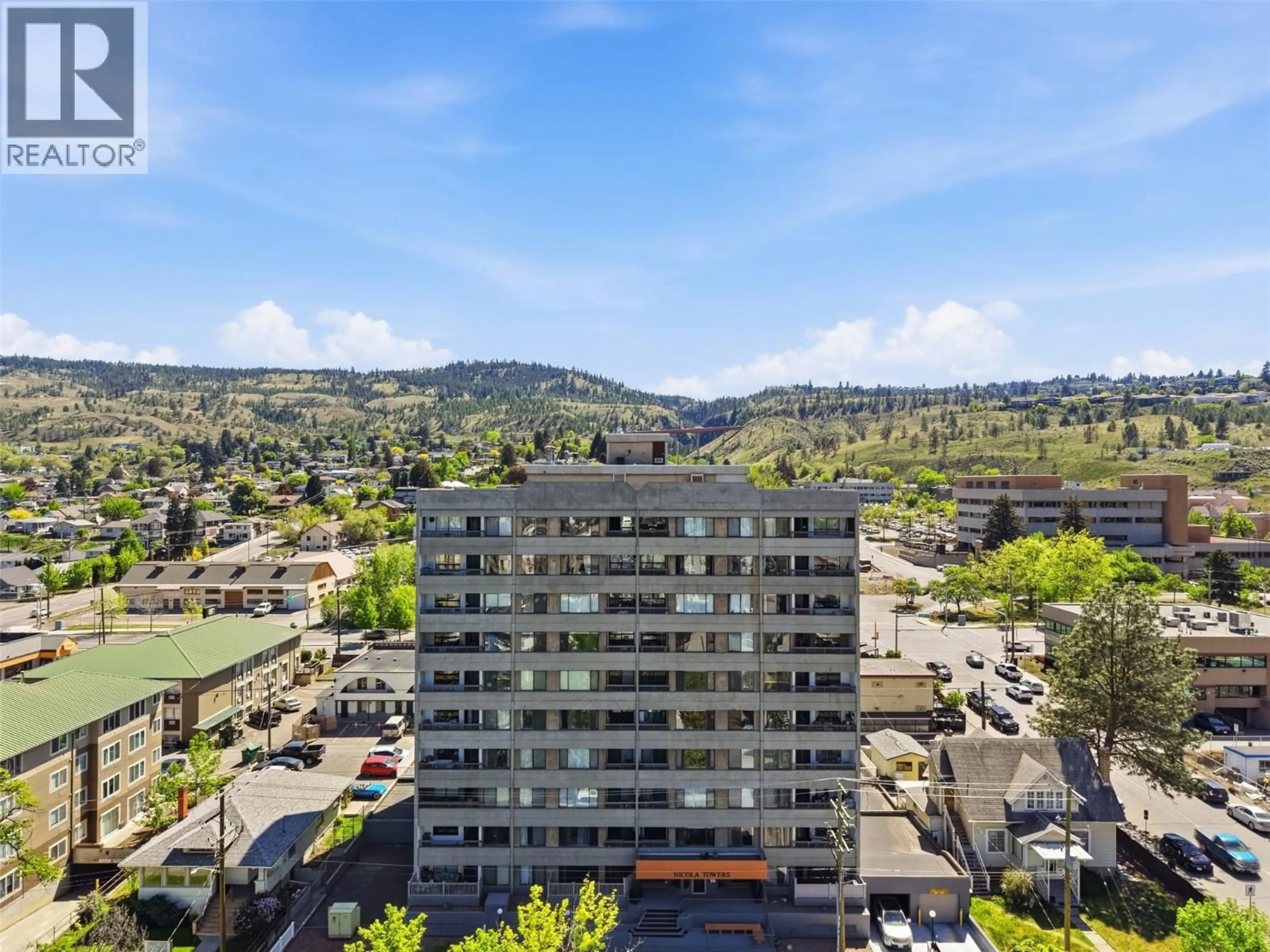 A pic from outside/outdoor area/front of a property/back of a property/a pic from drone, city buildings view from balcony for 604 - 525 NICOLA STREET, Kamloops British Columbia V2C6J5