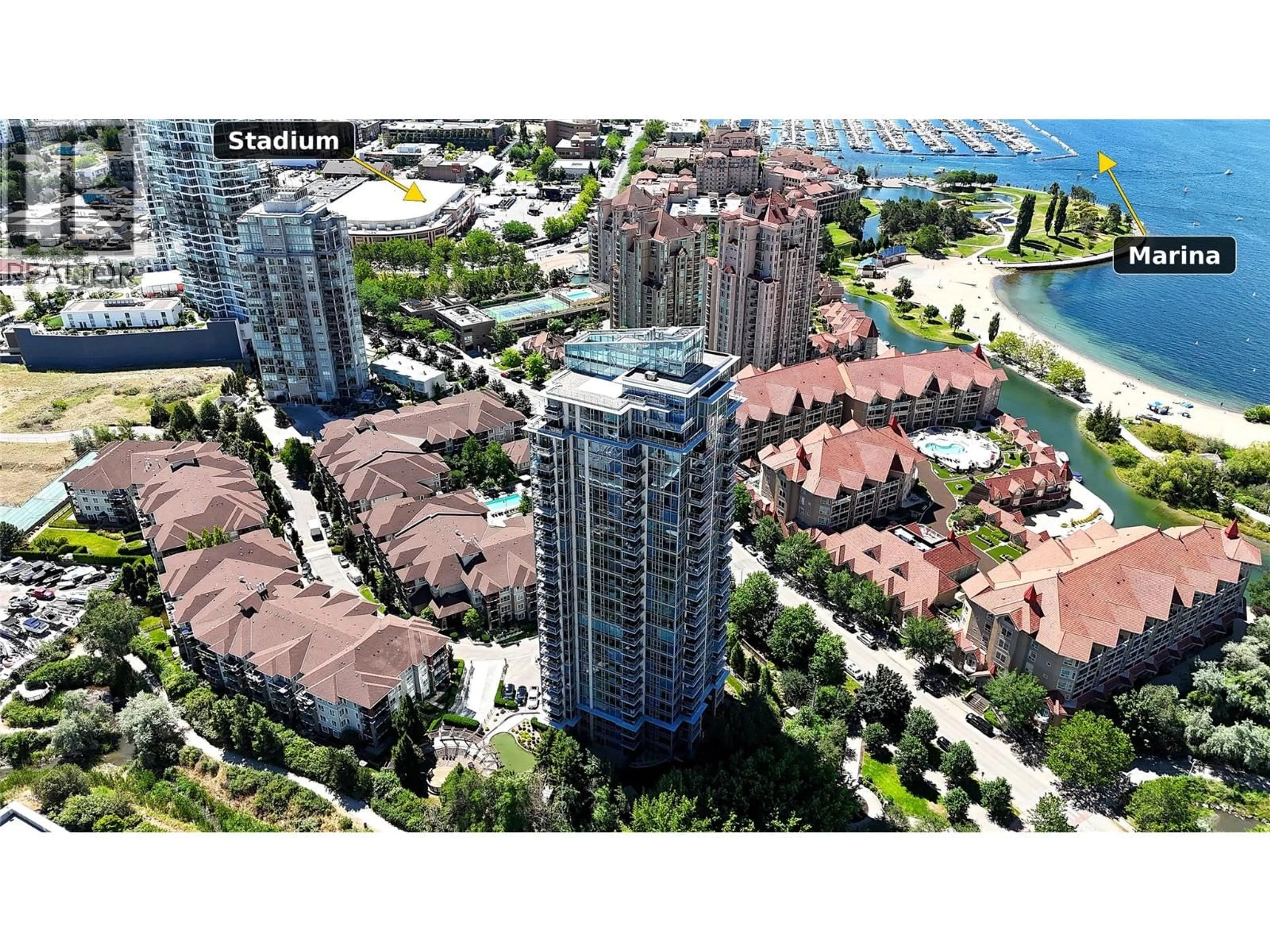 A pic from outside/outdoor area/front of a property/back of a property/a pic from drone, city buildings view from balcony for 2308 - 1075 SUNSET DRIVE, Kelowna British Columbia V1Y9Y9