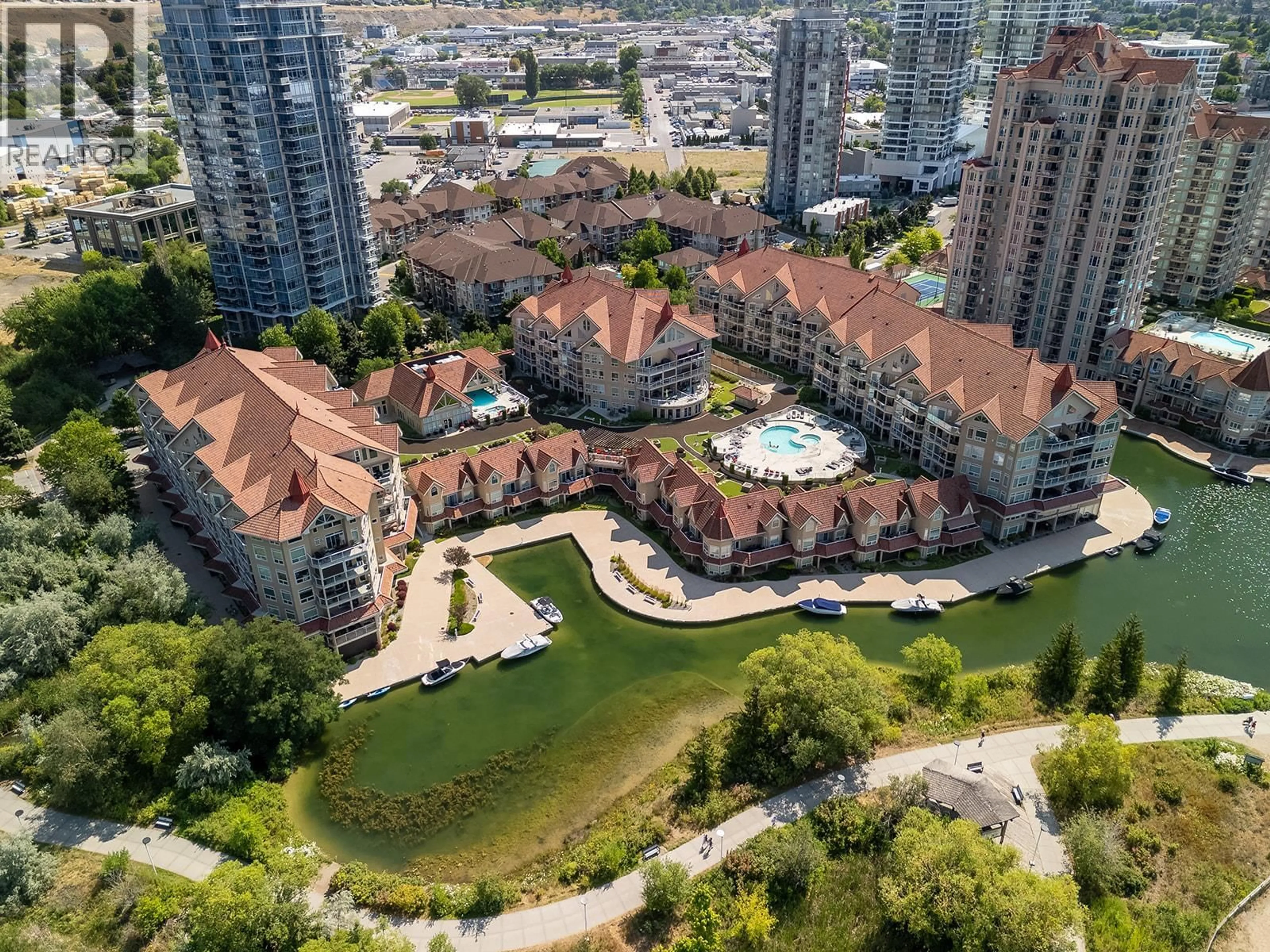 A pic from outside/outdoor area/front of a property/back of a property/a pic from drone, city buildings view from balcony for 404 - 1088 SUNSET DRIVE, Kelowna British Columbia V1Y9W1