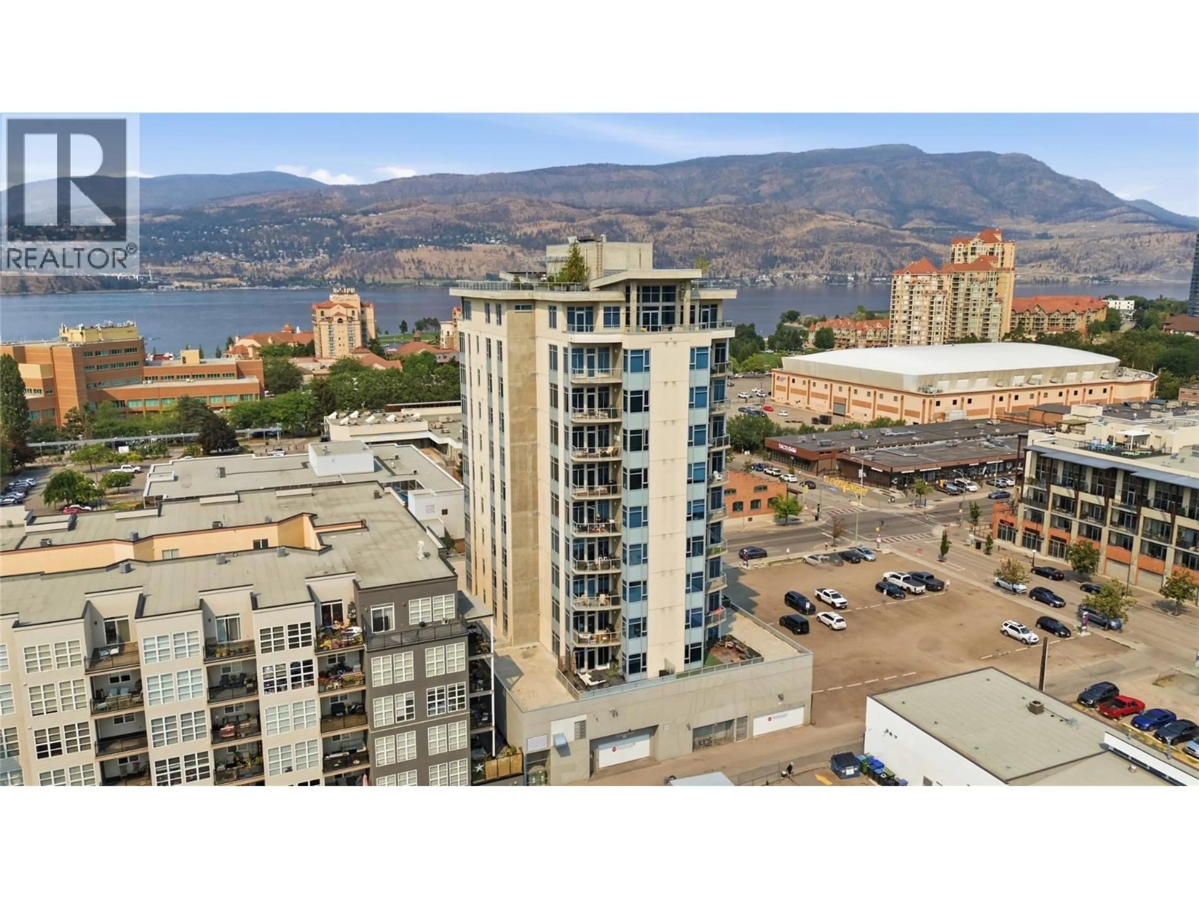 A pic from outside/outdoor area/front of a property/back of a property/a pic from drone, city buildings view from balcony for 704 - 1329 ELLIS STREET, Kelowna British Columbia V1Y9X5