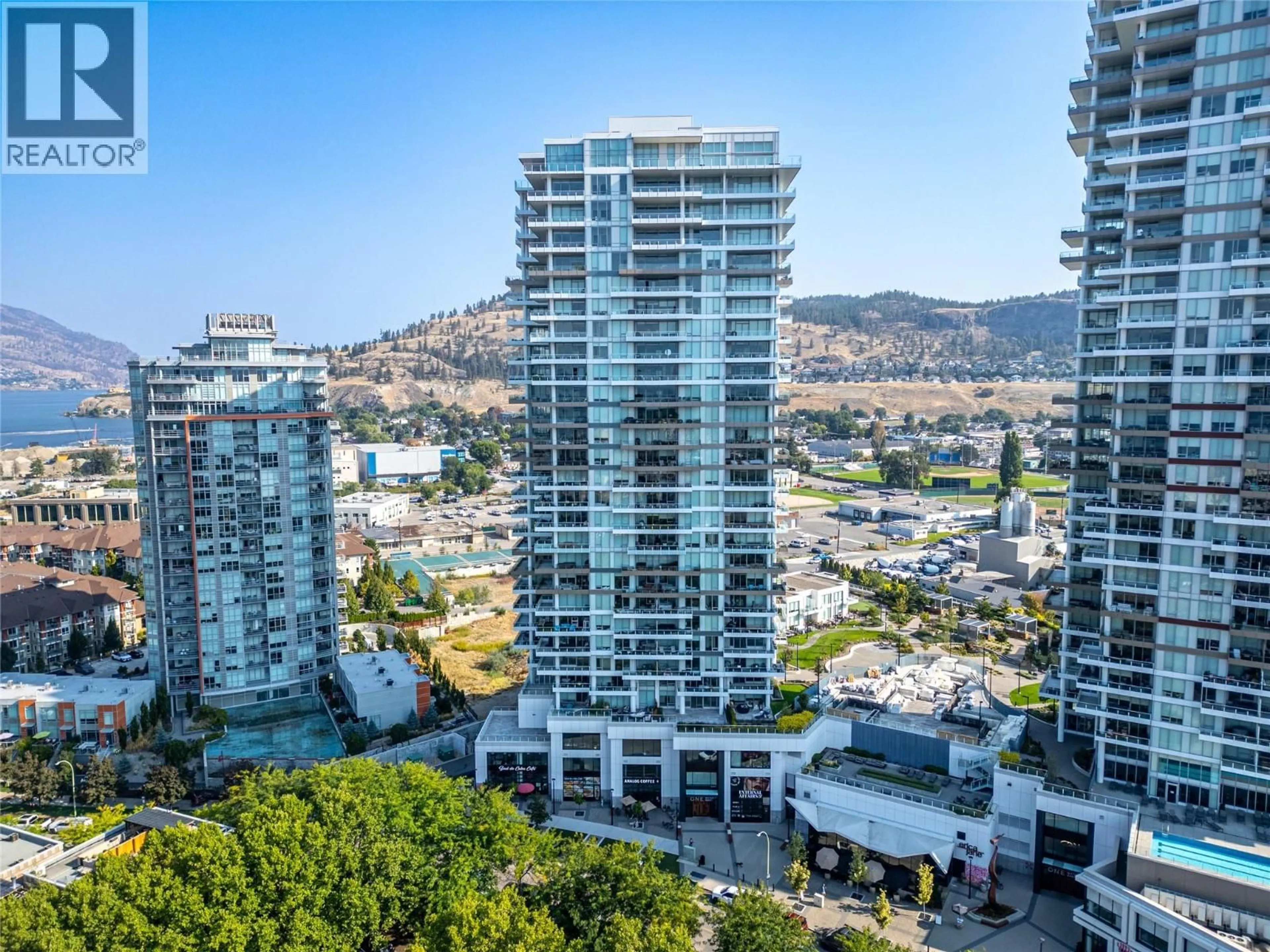 A pic from outside/outdoor area/front of a property/back of a property/a pic from drone, city buildings view from balcony for 1405 - 1181 SUNSET DRIVE, Kelowna British Columbia V1Y0J5