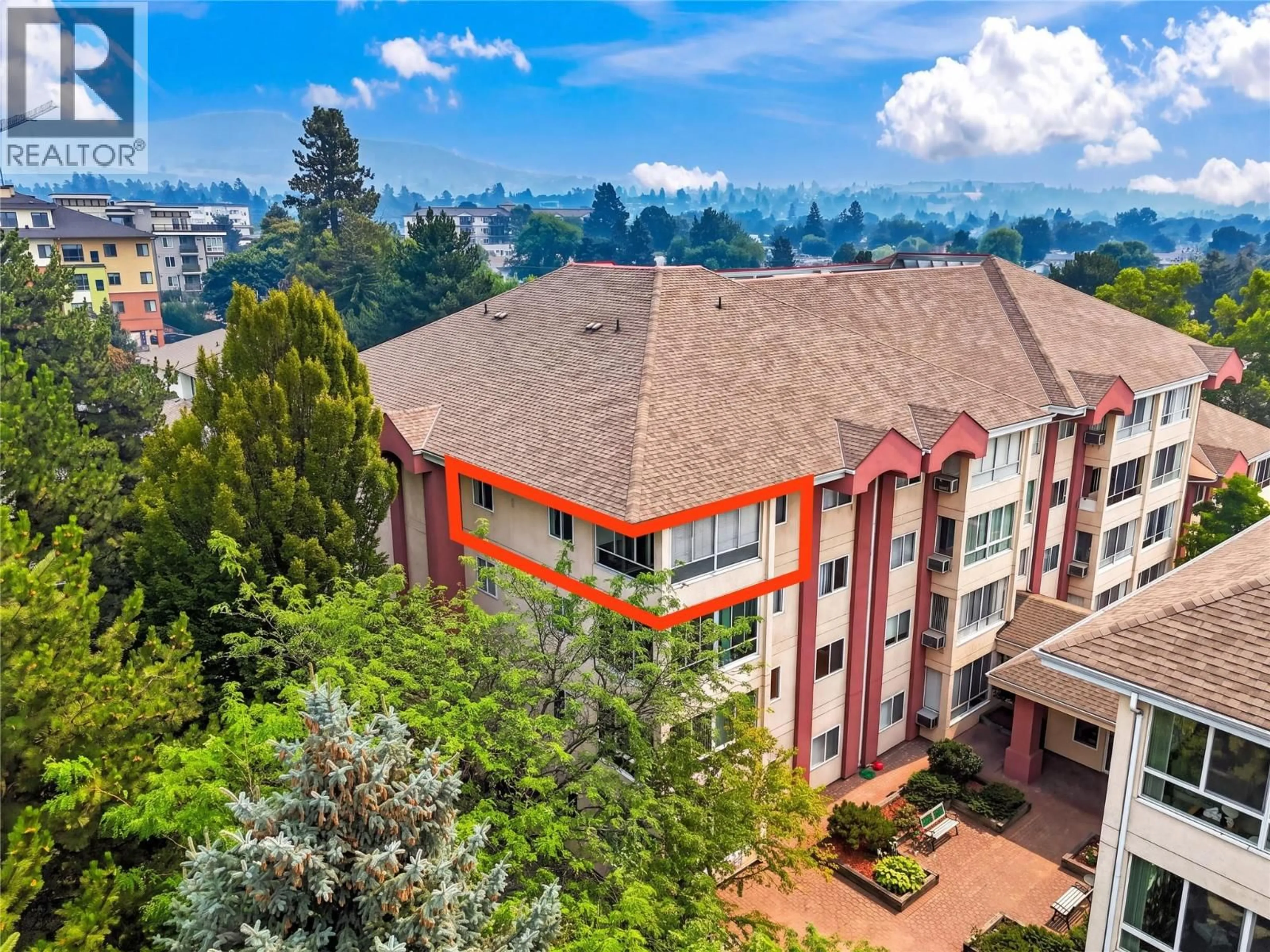 A pic from outside/outdoor area/front of a property/back of a property/a pic from drone, city buildings view from balcony for 408 - 920 SASKATOON ROAD, Kelowna British Columbia V1X7P8
