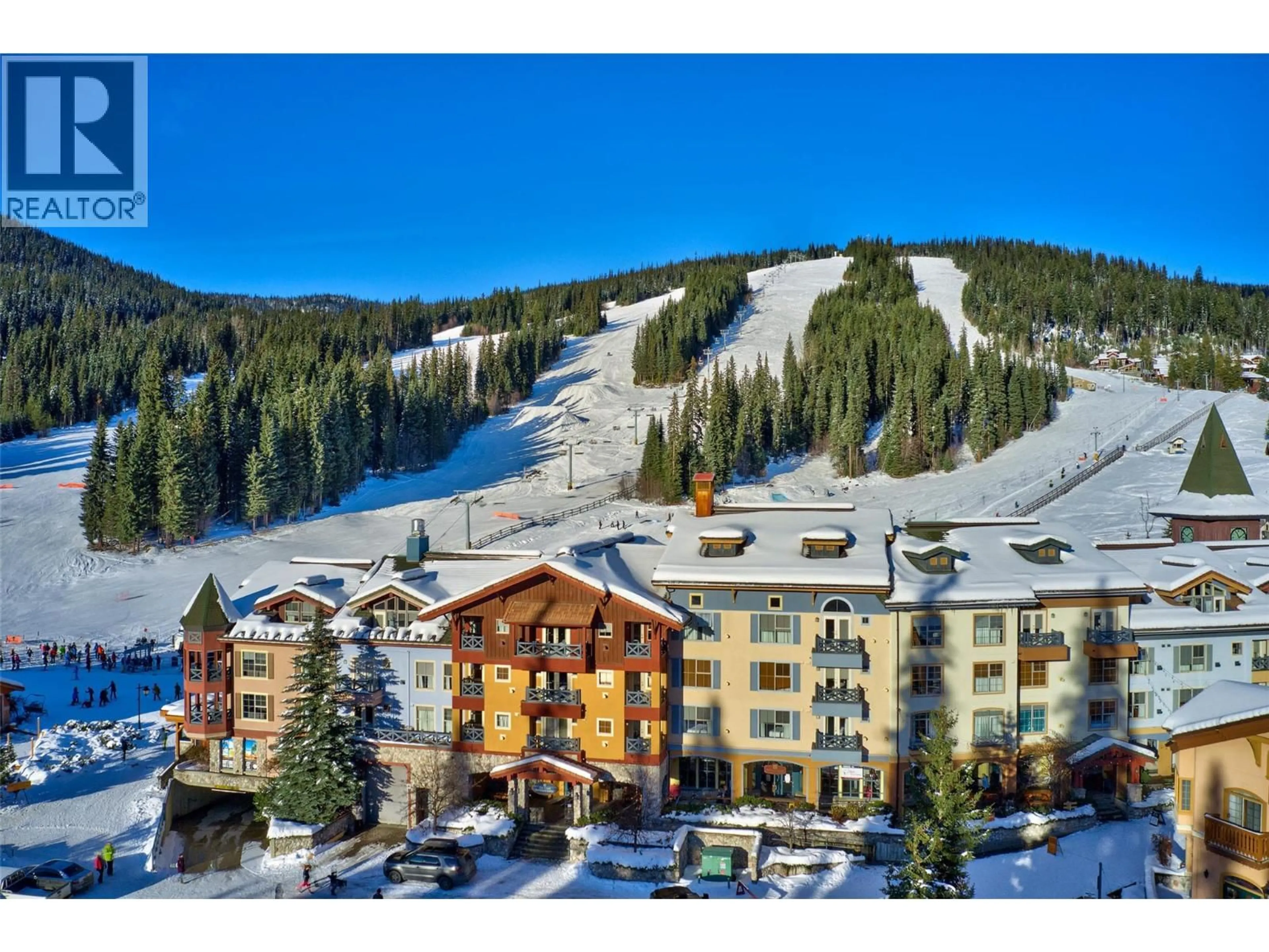 A pic from outside/outdoor area/front of a property/back of a property/a pic from drone, mountain view for 307 - 3160 CREEKSIDE WAY, Sun Peaks British Columbia V0E5N0