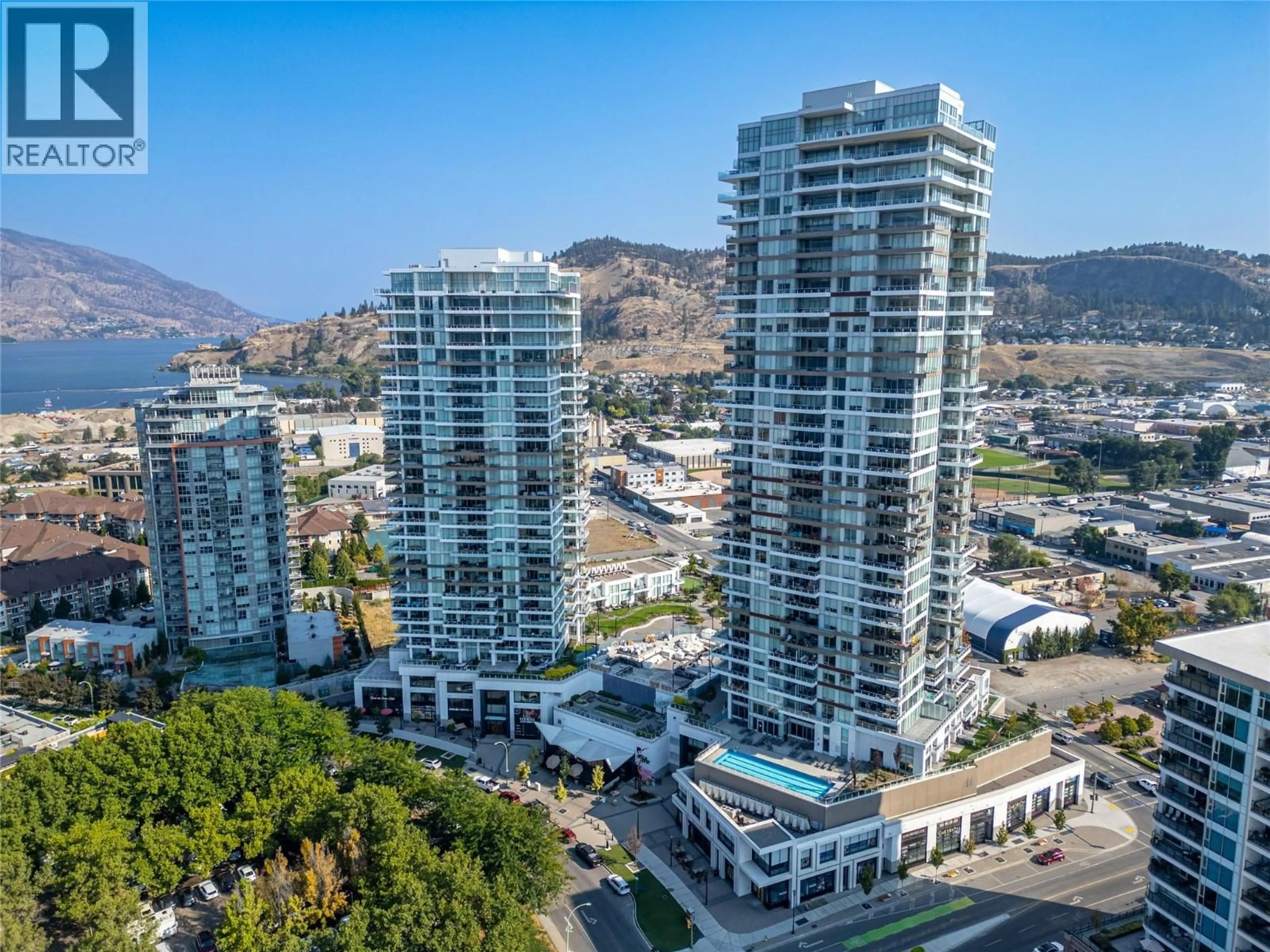 A pic from outside/outdoor area/front of a property/back of a property/a pic from drone, city buildings view from balcony for 2307 - 1191 SUNSET DRIVE, Kelowna British Columbia V1Y0J4