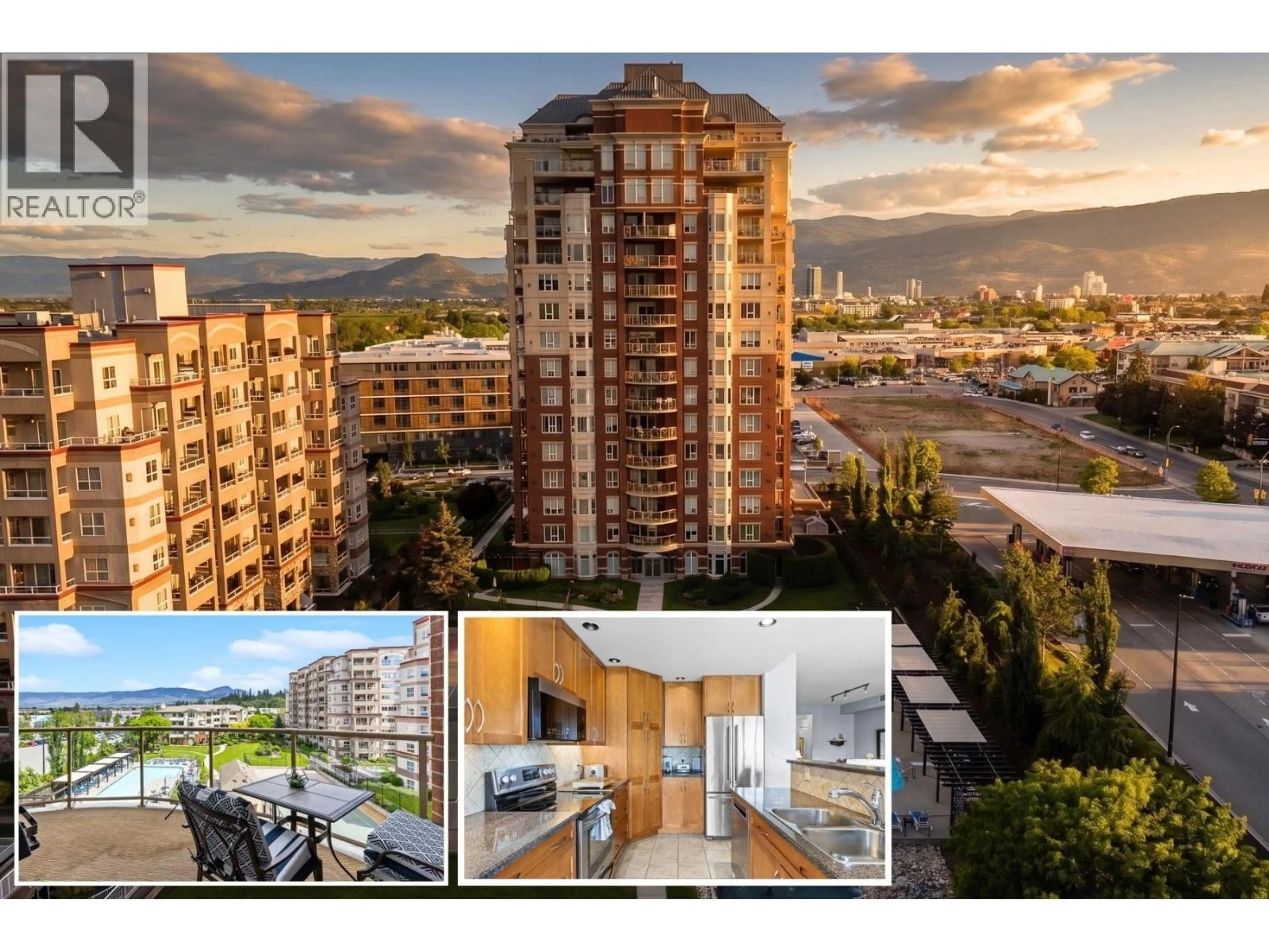 A pic from outside/outdoor area/front of a property/back of a property/a pic from drone, city buildings view from balcony for 502 - 1947 UNDERHILL STREET, Kelowna British Columbia V1X7K5