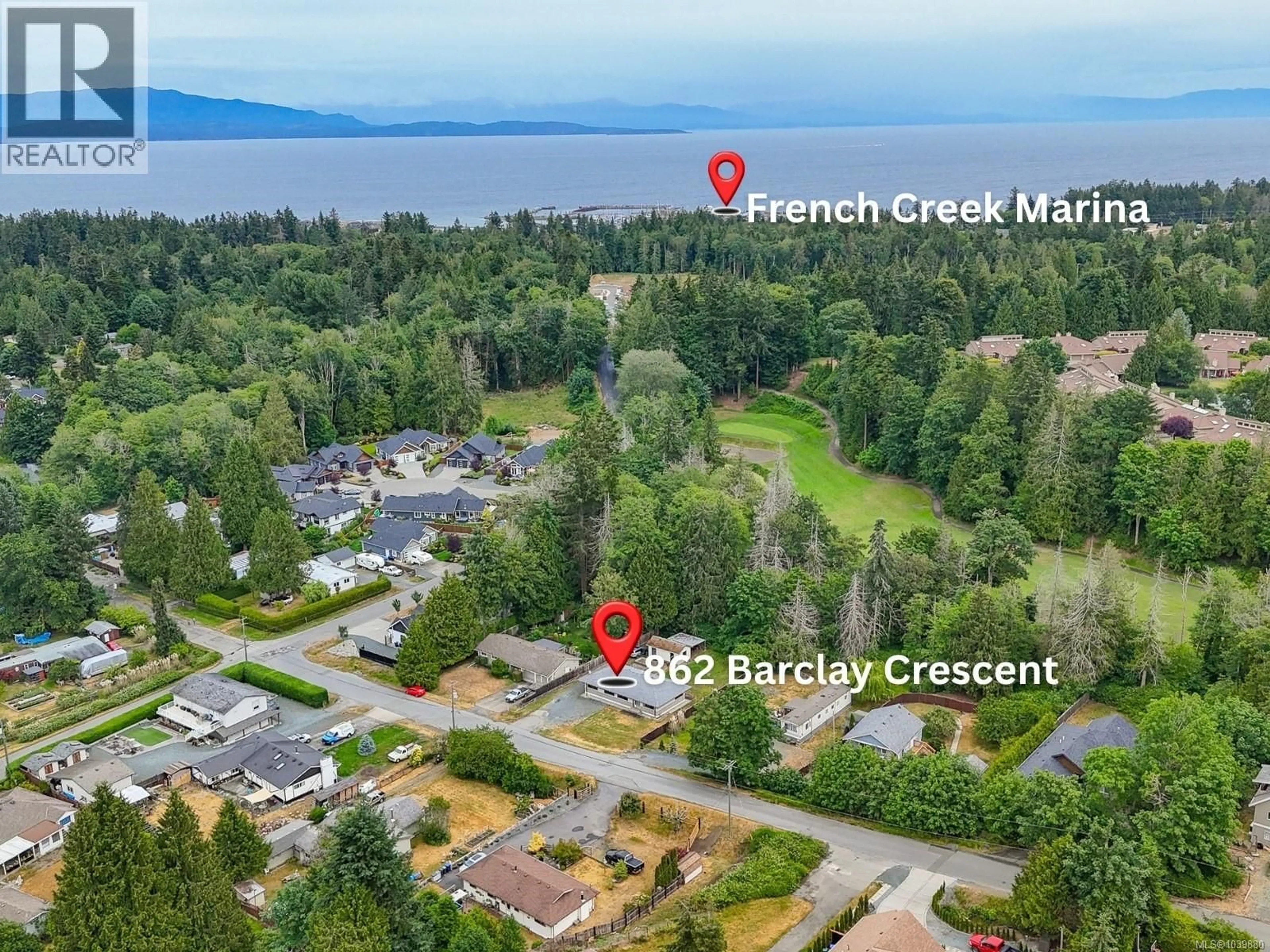A pic from outside/outdoor area/front of a property/back of a property/a pic from drone, water/lake/river/ocean view for 862 BARCLAY CRESCENT, French Creek British Columbia V9P1Z3