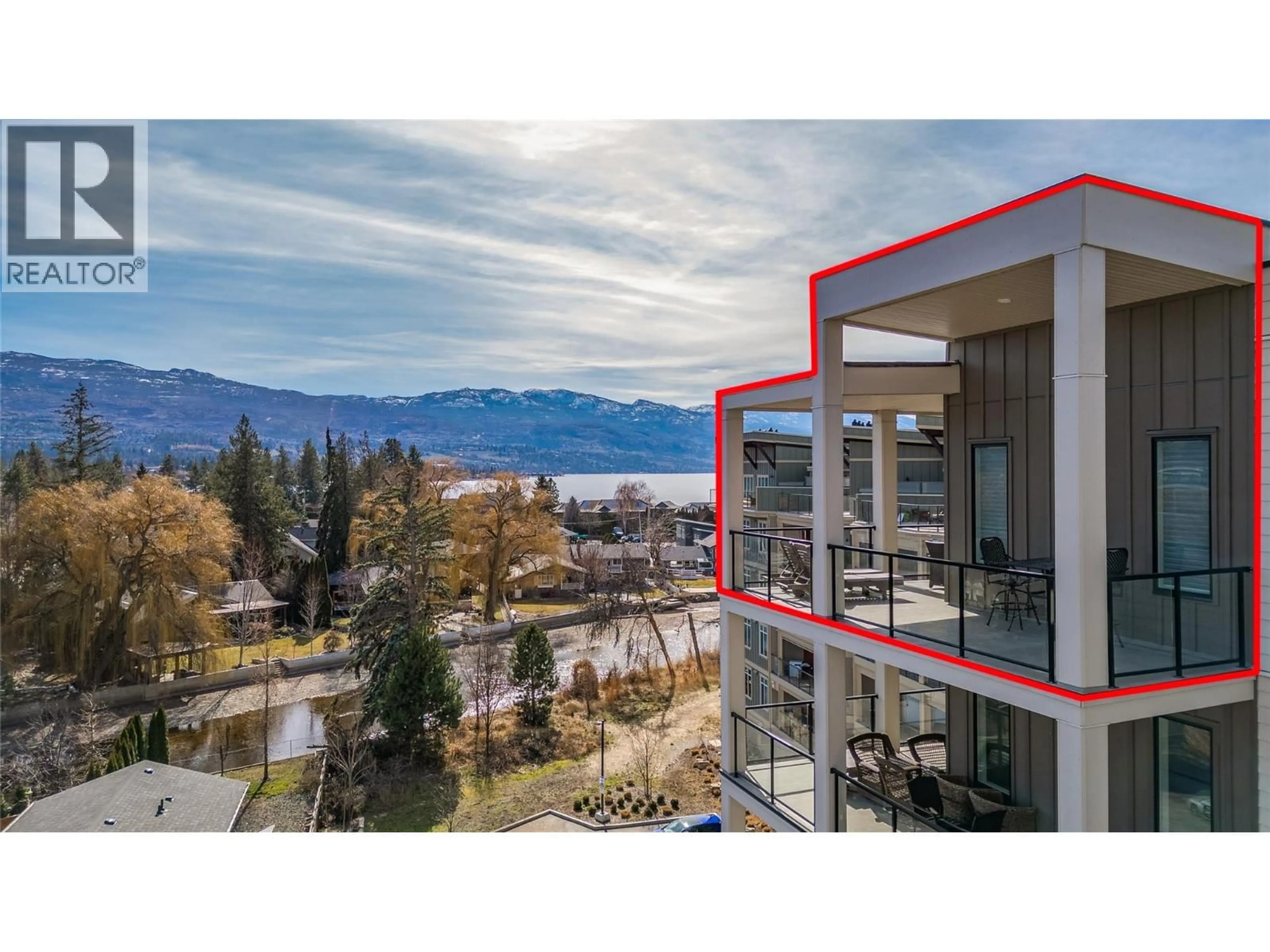 A pic from outside/outdoor area/front of a property/back of a property/a pic from drone, water/lake/river/ocean view for 604 - 529 TRUSWELL ROAD, Kelowna British Columbia V1W3K7