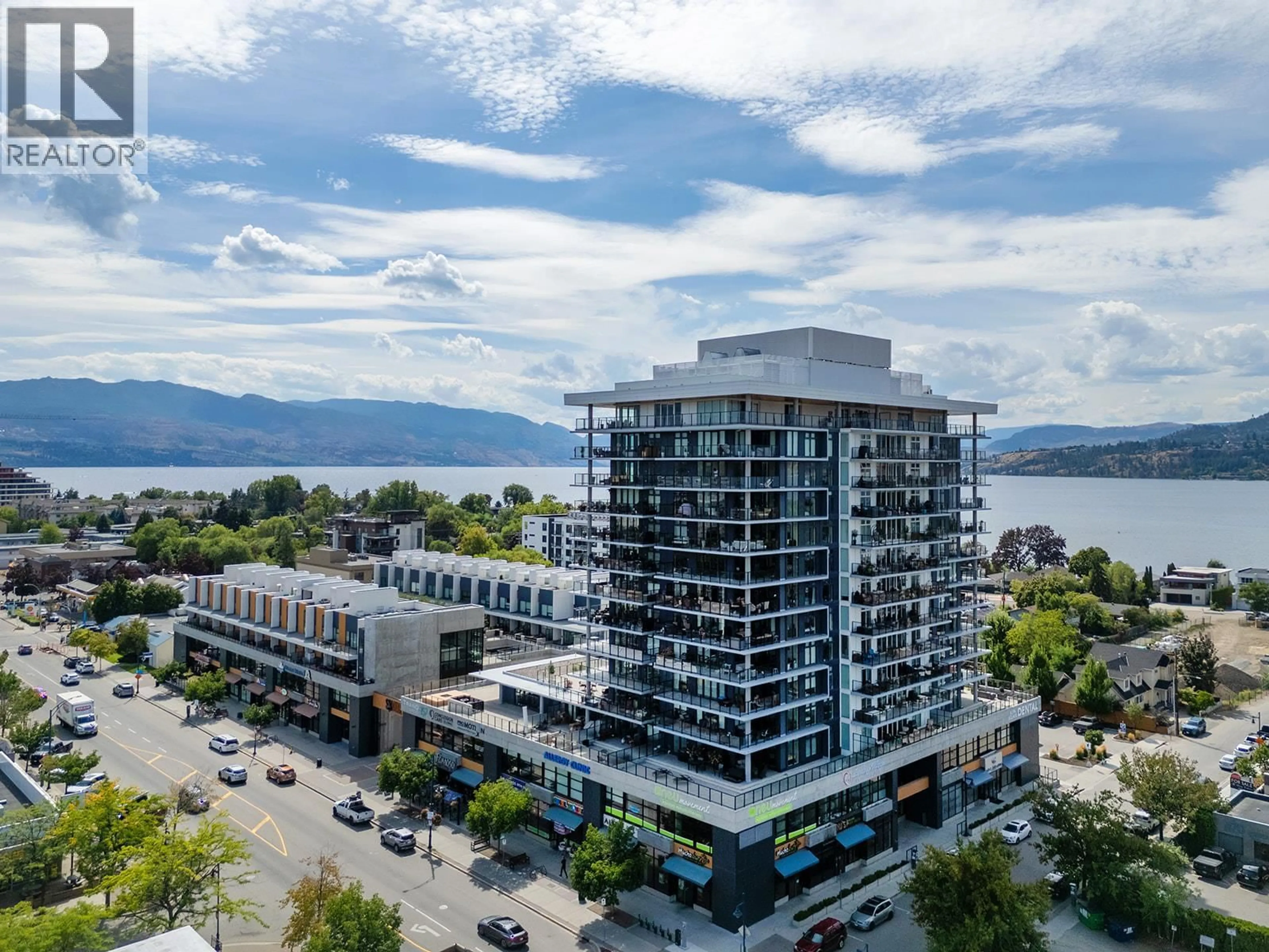 A pic from outside/outdoor area/front of a property/back of a property/a pic from drone, water/lake/river/ocean view for 1201 - 485 GROVES AVENUE, Kelowna British Columbia V1Y0C1