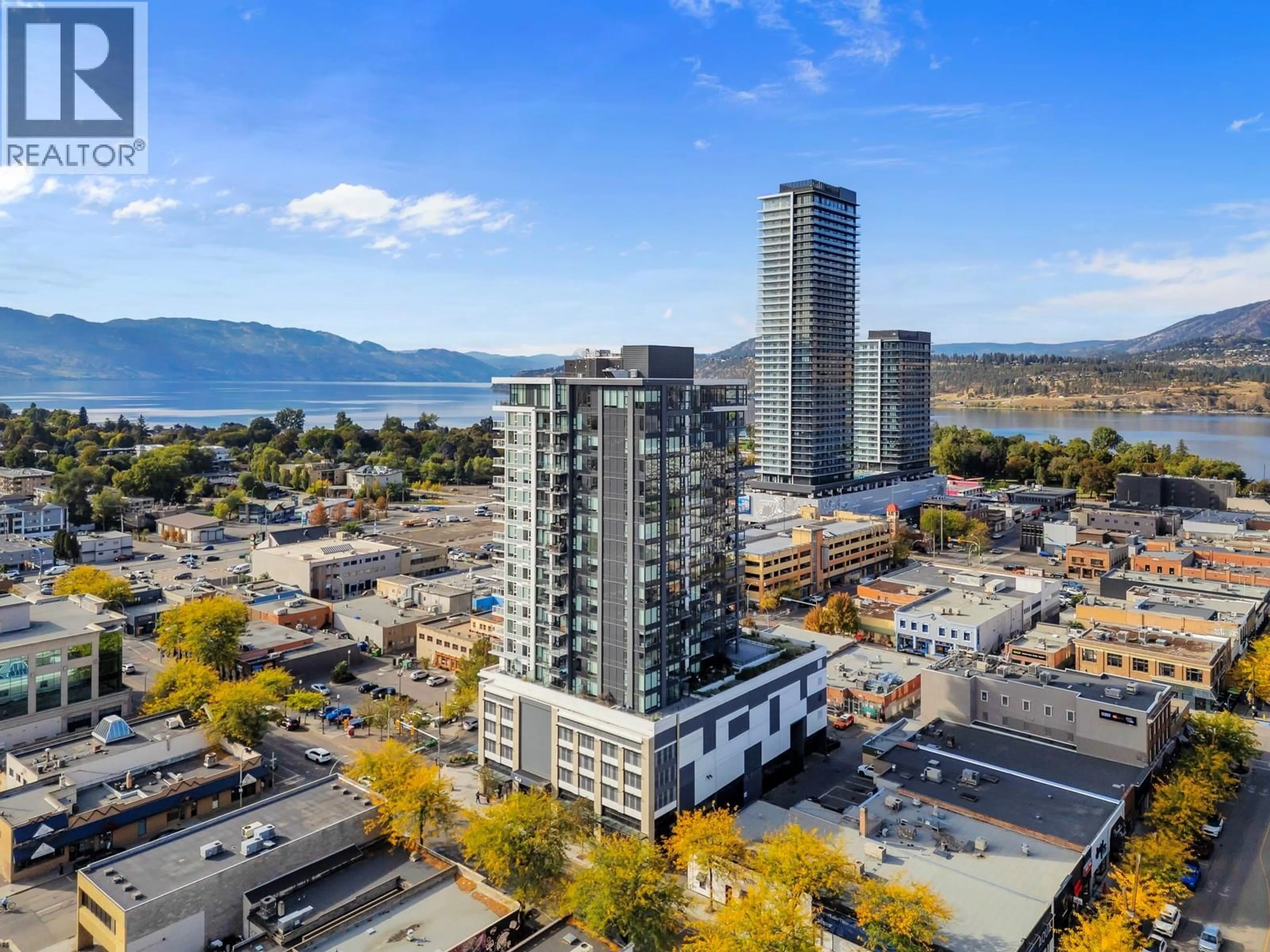 A pic from outside/outdoor area/front of a property/back of a property/a pic from drone, city buildings view from balcony for 903 - 1588 ELLIS STREET, Kelowna British Columbia V1Y2A6