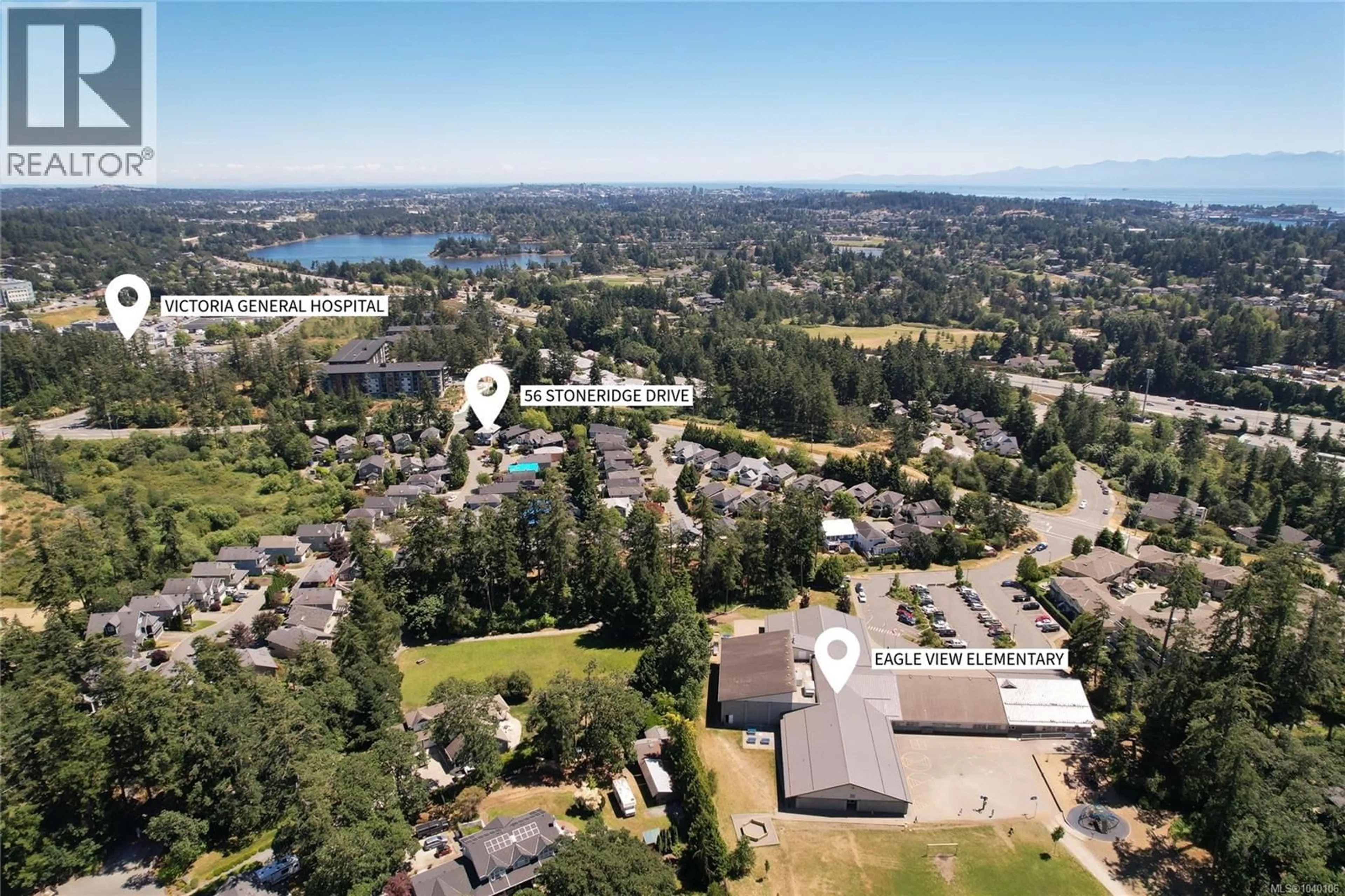 A pic from outside/outdoor area/front of a property/back of a property/a pic from drone, water/lake/river/ocean view for 56 STONERIDGE DRIVE, View Royal British Columbia V9B6M4