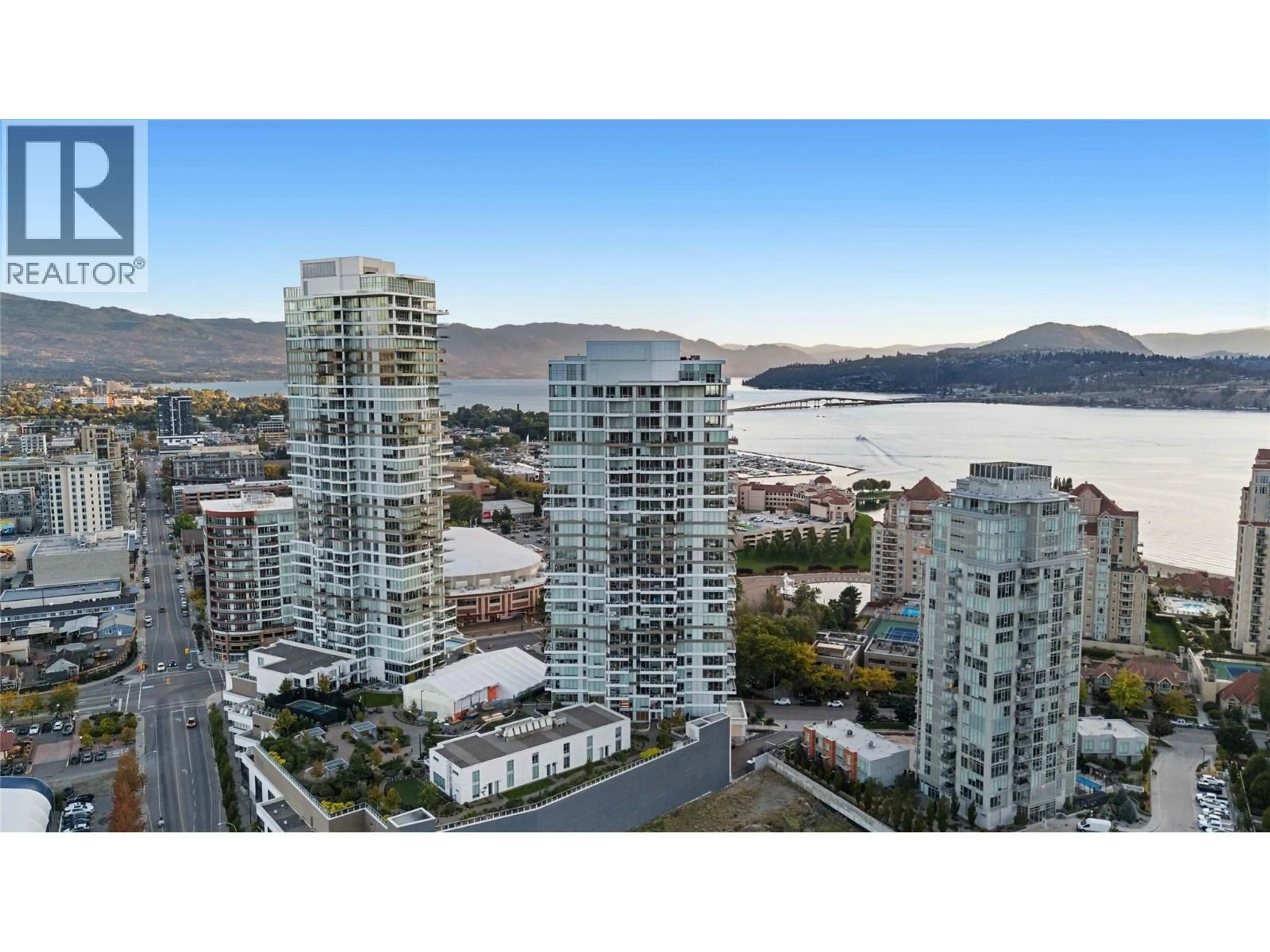 A pic from outside/outdoor area/front of a property/back of a property/a pic from drone, city buildings view from balcony for 1401 - 1181 SUNSET DRIVE, Kelowna British Columbia V1Y0L4