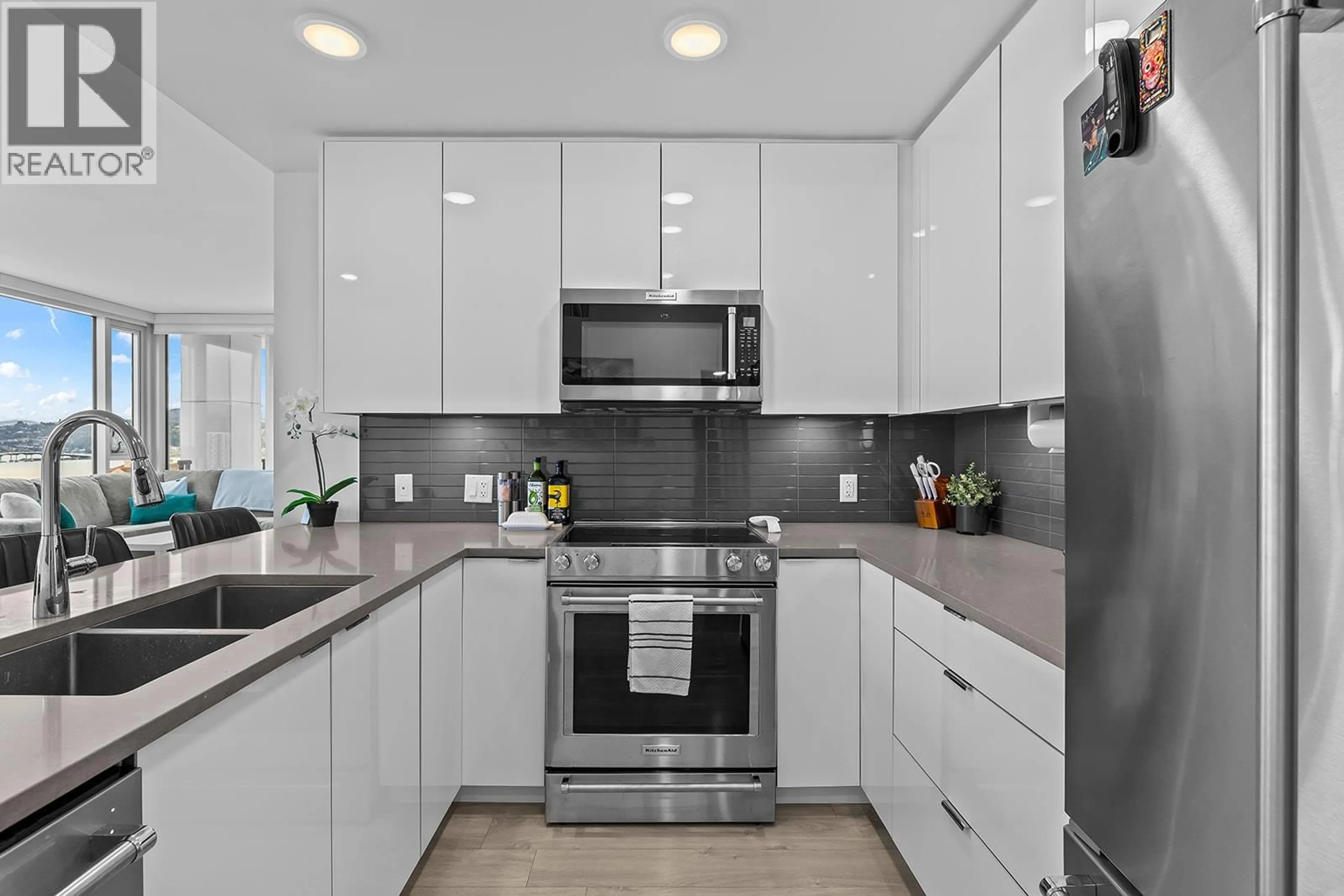 Contemporary kitchen, ceramic/tile floor for 1301 - 1232 ELLIS STREET, Kelowna British Columbia V1Y0J6