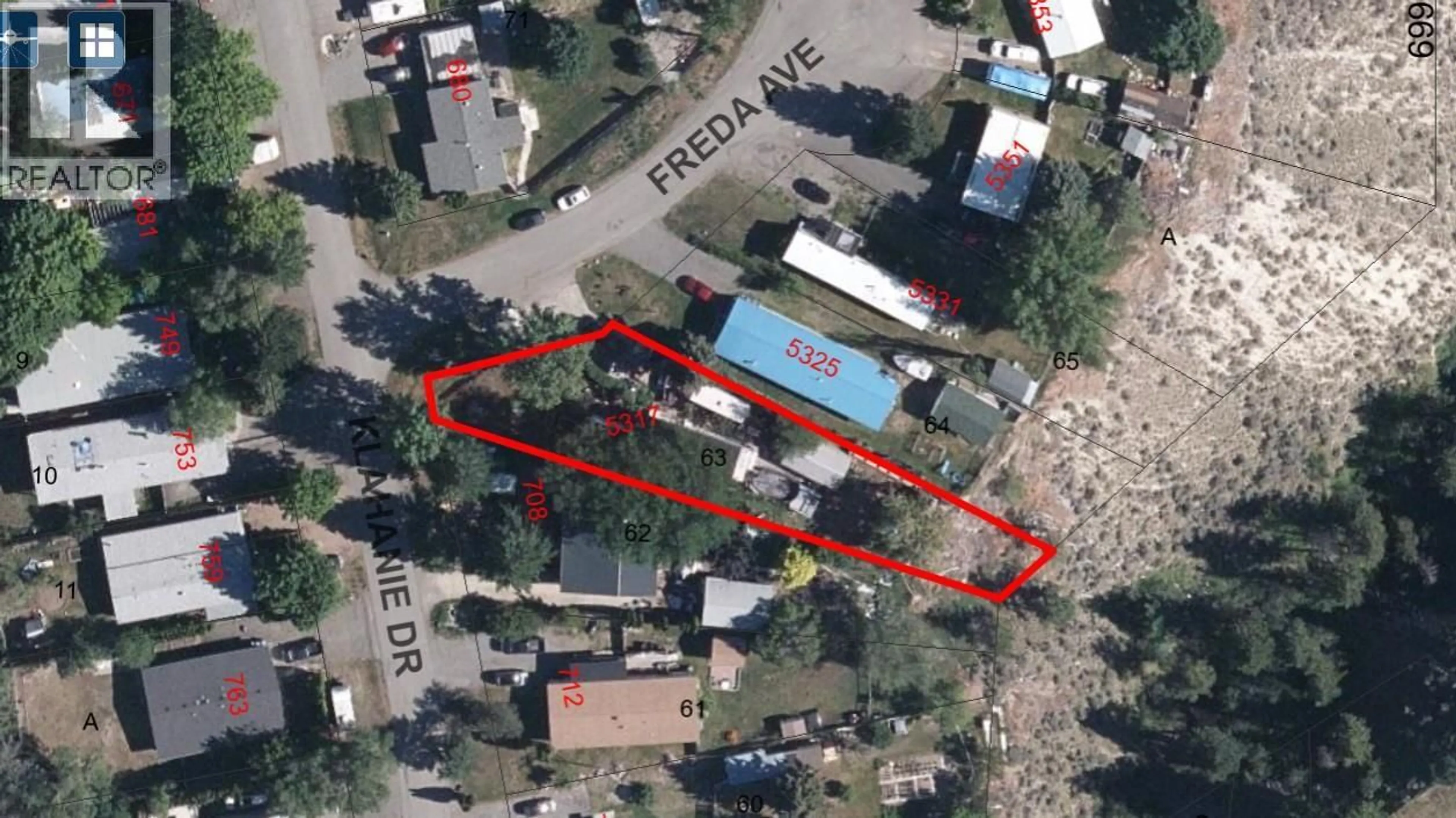 A pic from outside/outdoor area/front of a property/back of a property/a pic from drone, street for 5317 FREDA AVENUE, Kamloops British Columbia V2C5A6