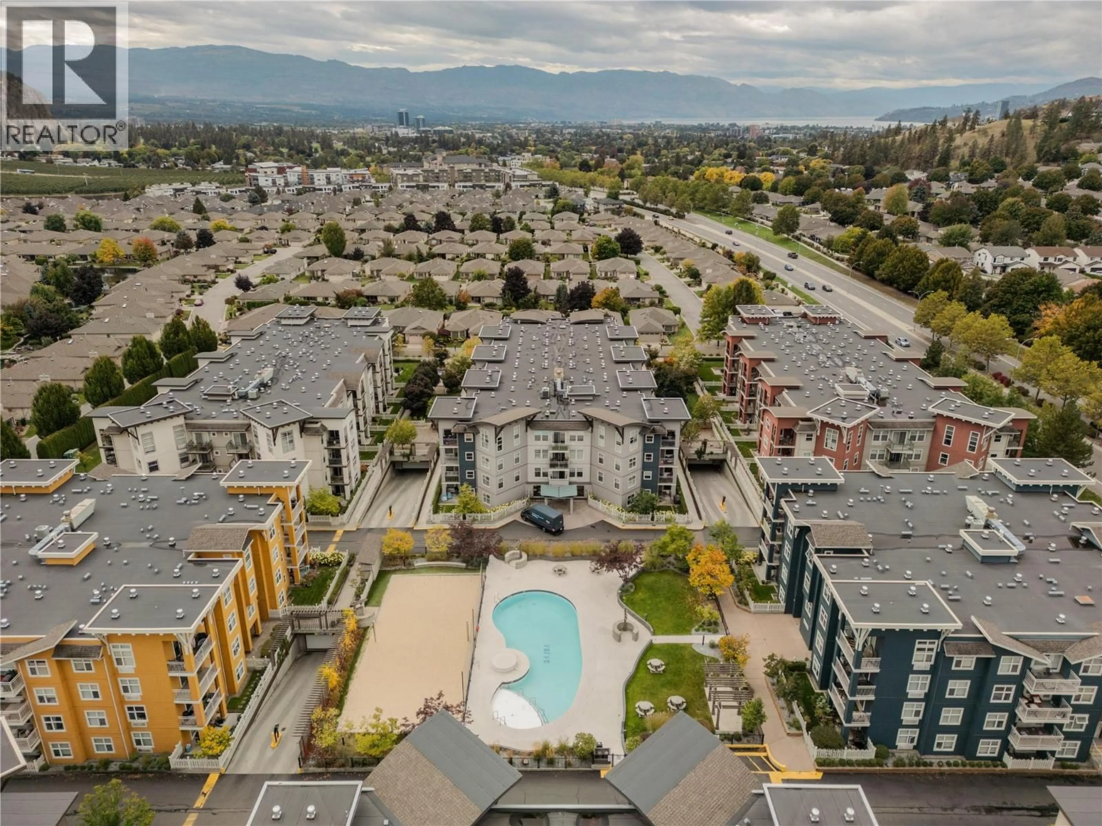 A pic from outside/outdoor area/front of a property/back of a property/a pic from drone, mountain view for 412 - 563 YATES ROAD, Kelowna British Columbia V1V2V3