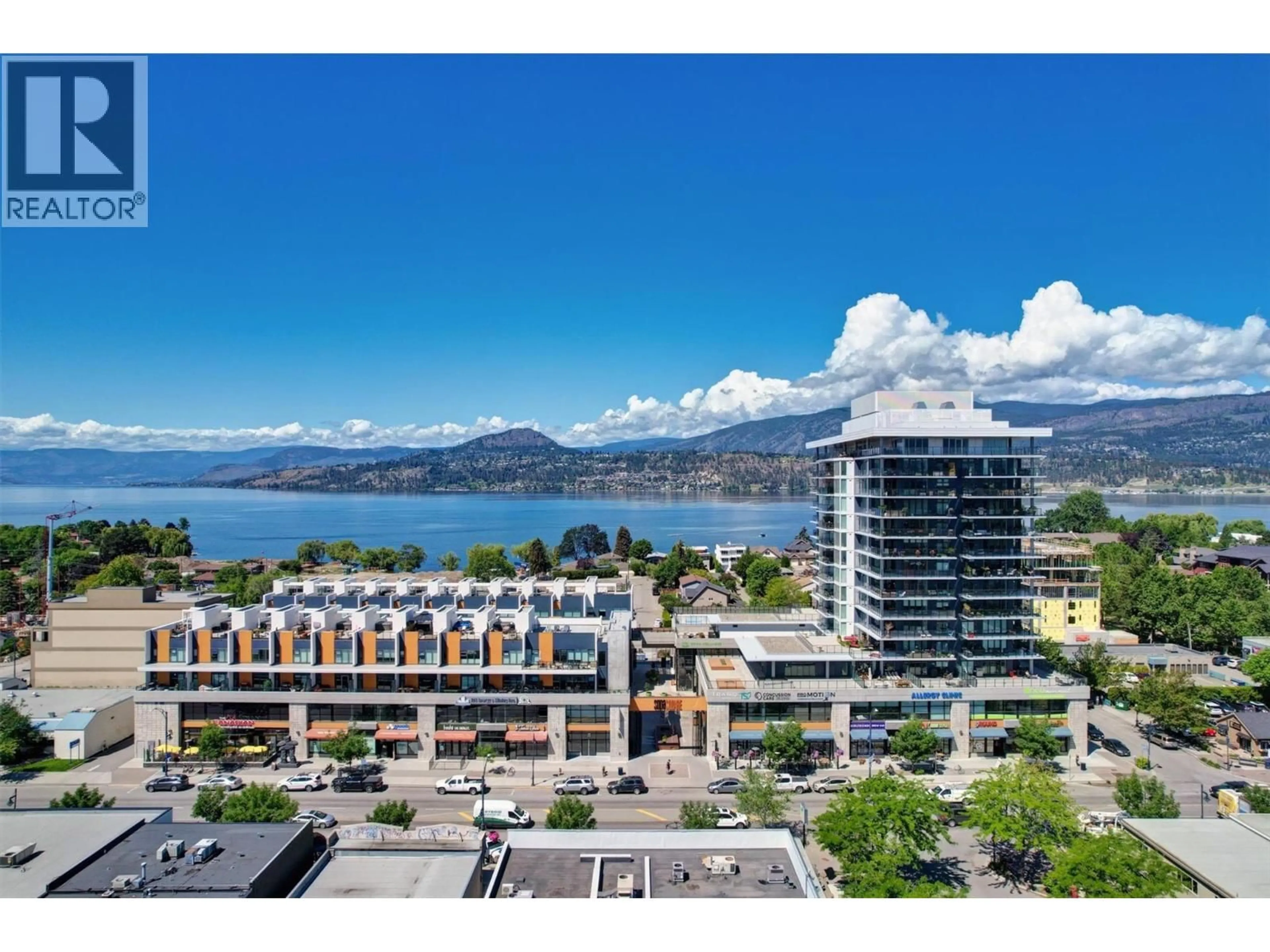 A pic from outside/outdoor area/front of a property/back of a property/a pic from drone, water/lake/river/ocean view for 401 - 485 GROVES AVENUE, Kelowna British Columbia V1Y0C1