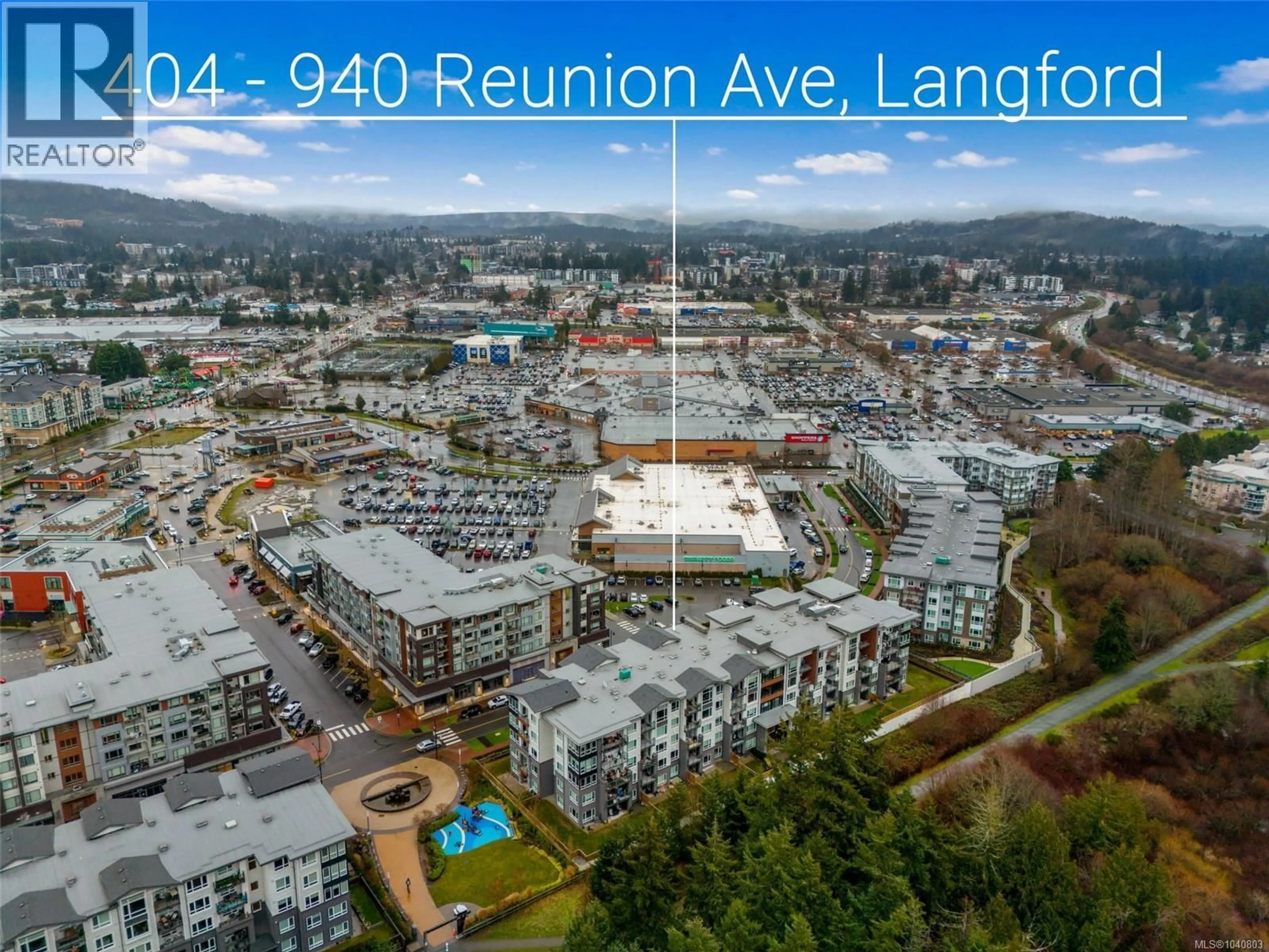A pic from outside/outdoor area/front of a property/back of a property/a pic from drone, mountain view for 404 - 940 REUNION AVENUE, Langford British Columbia V9B0W6