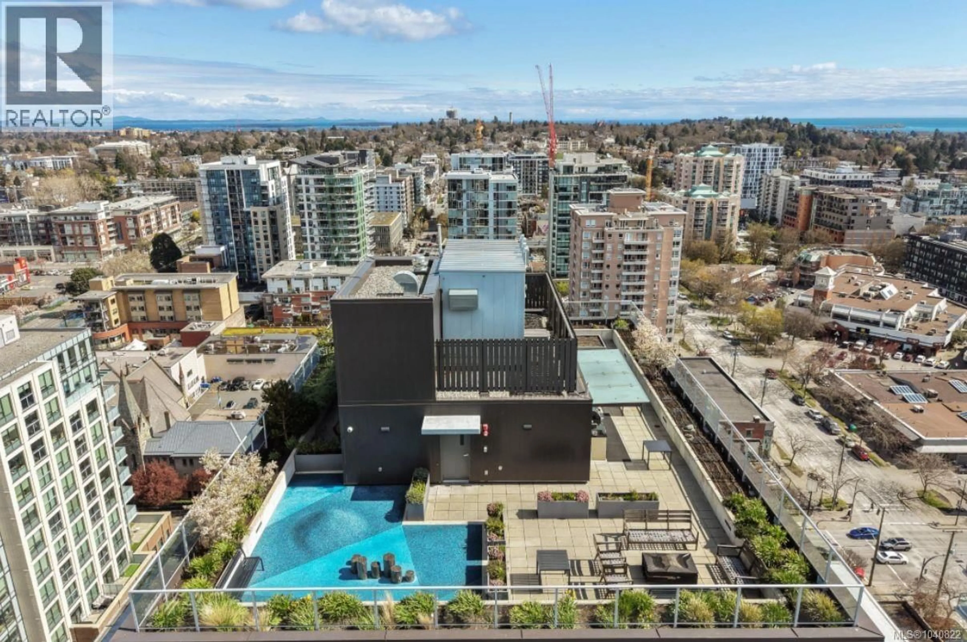 A pic from outside/outdoor area/front of a property/back of a property/a pic from drone, city buildings view from balcony for 401 - 845 JOHNSON STREET, Victoria British Columbia V8W0G3