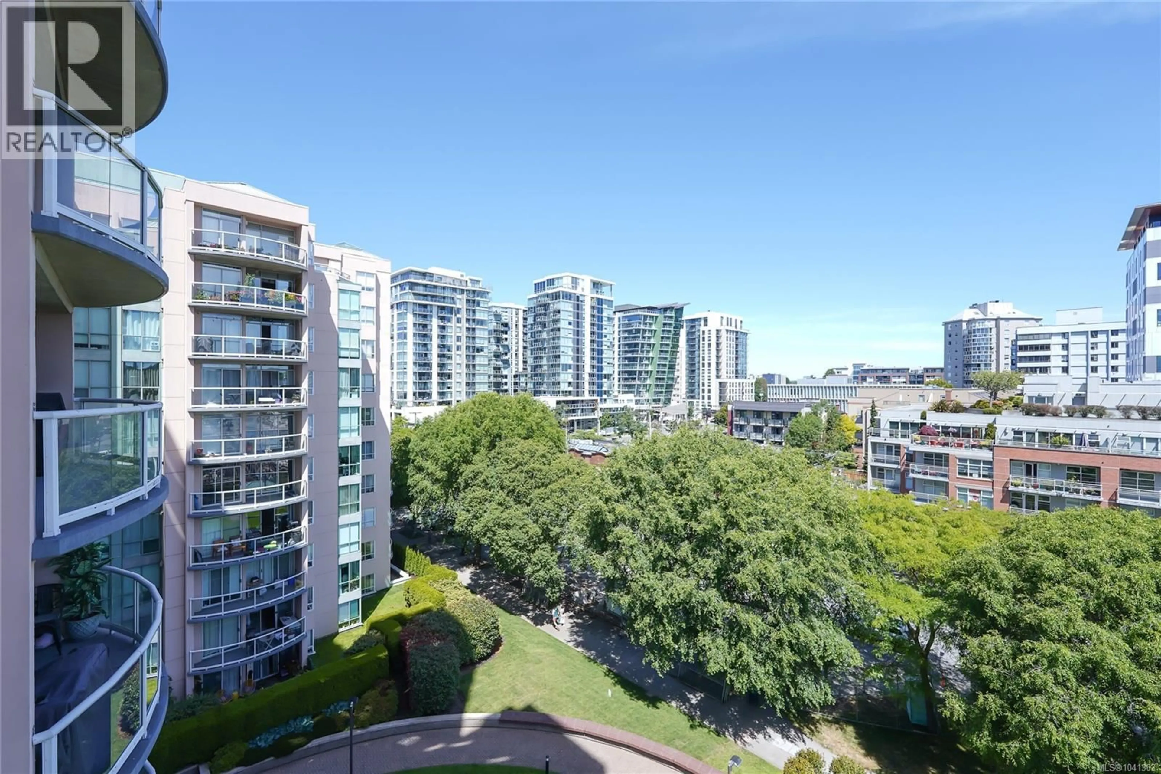 A pic from outside/outdoor area/front of a property/back of a property/a pic from drone, city buildings view from balcony for 805 - 1020 VIEW STREET, Victoria British Columbia V8V4Y4