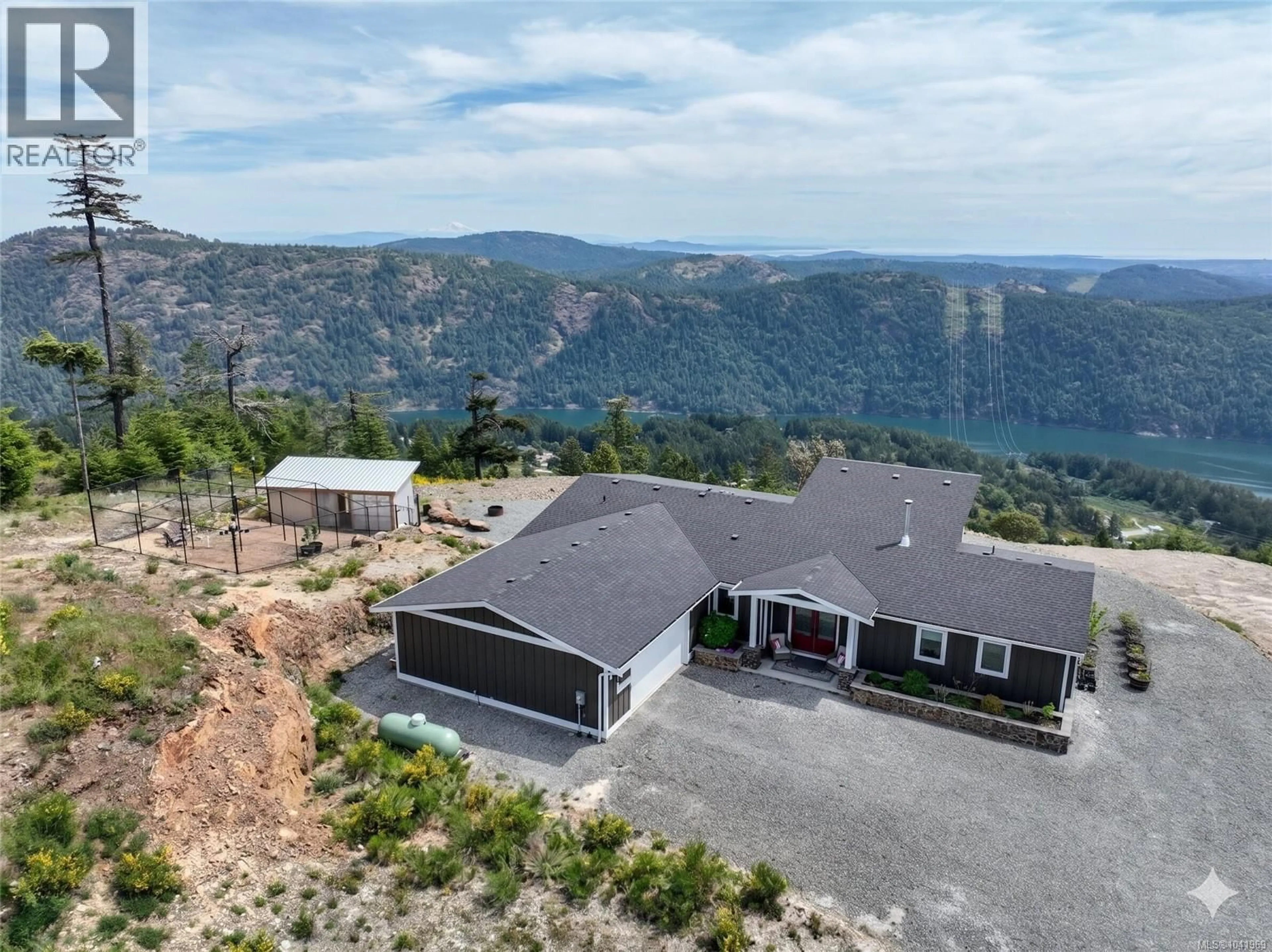 A pic from outside/outdoor area/front of a property/back of a property/a pic from drone, mountain view for 4030 RIDGELINE DRIVE, Shawnigan Lake British Columbia V0R2W3